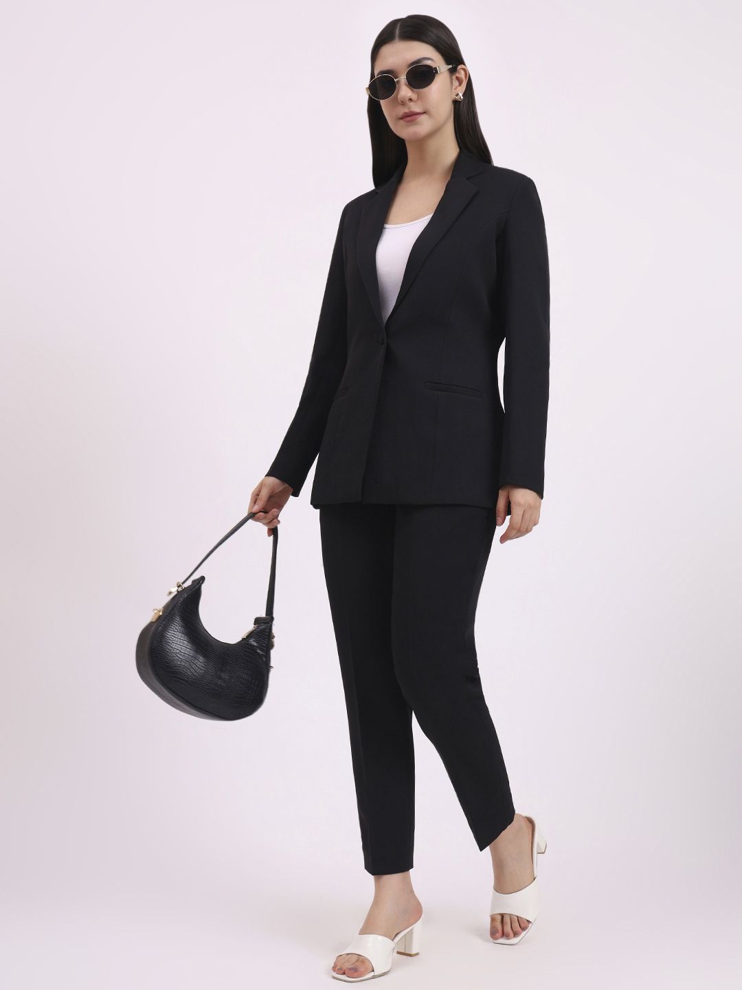 Women Formal Women Pantsuit, Single Button Blazer with Straight Pants Solid Suit