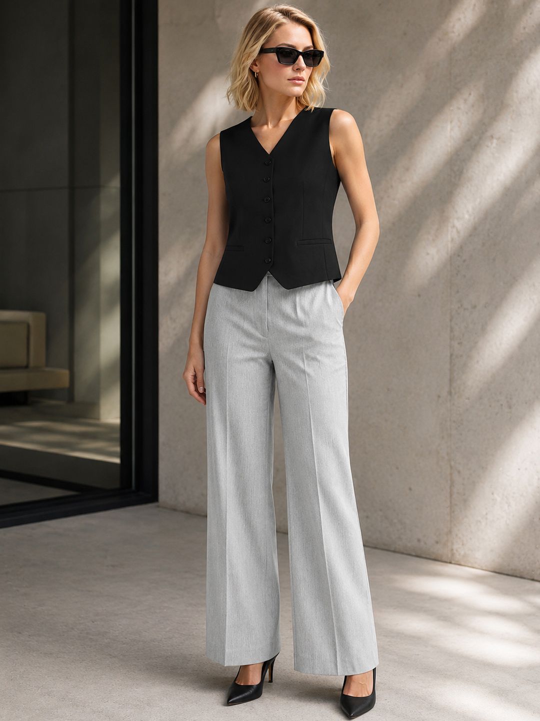 hancock Women Waistcoat and Flared Trouser Suit Set Solid Suit-picture-33