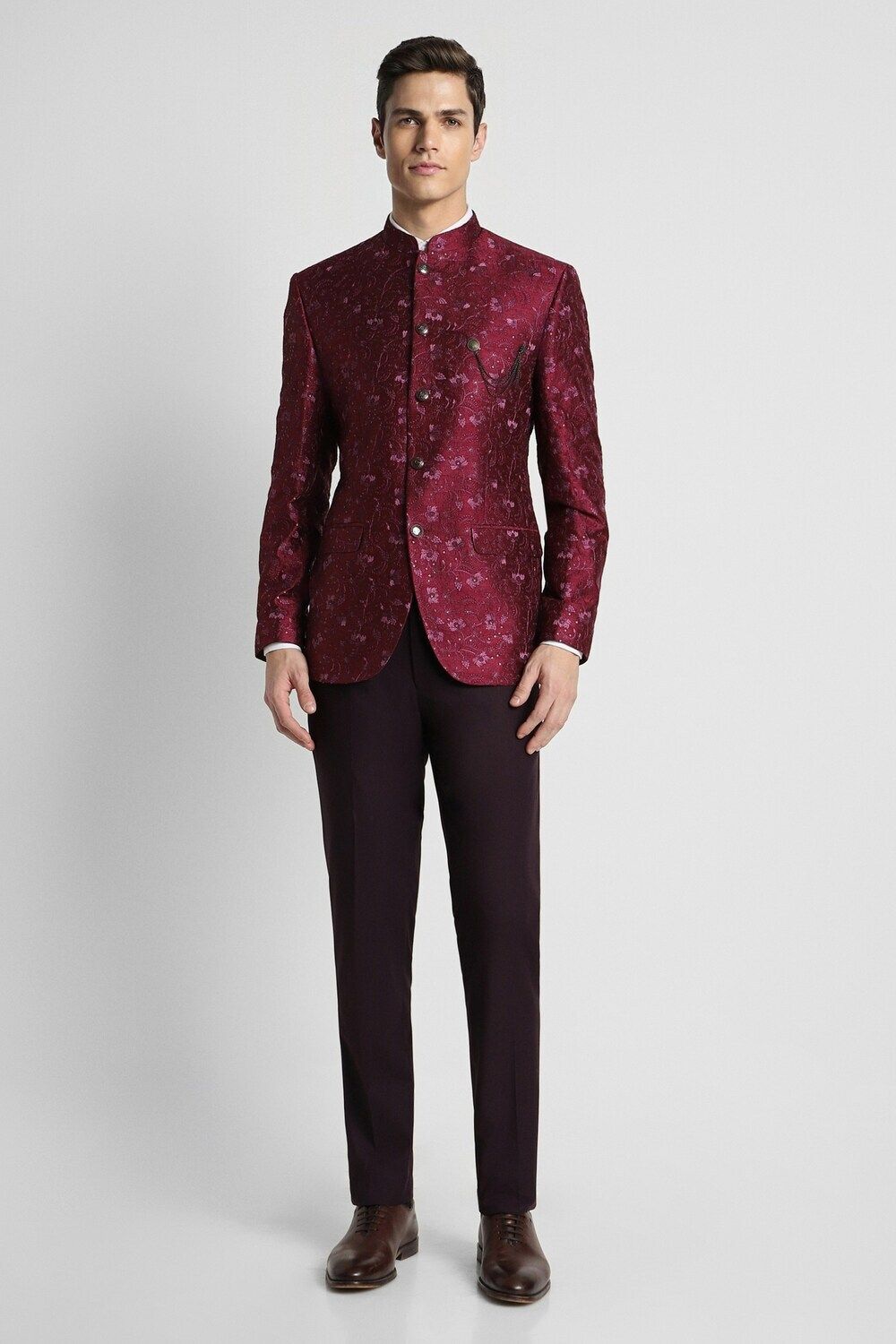 peter england Men Men Maroon Print Slim Fit Formal Two Piece Suit Printed Suit-picture-34