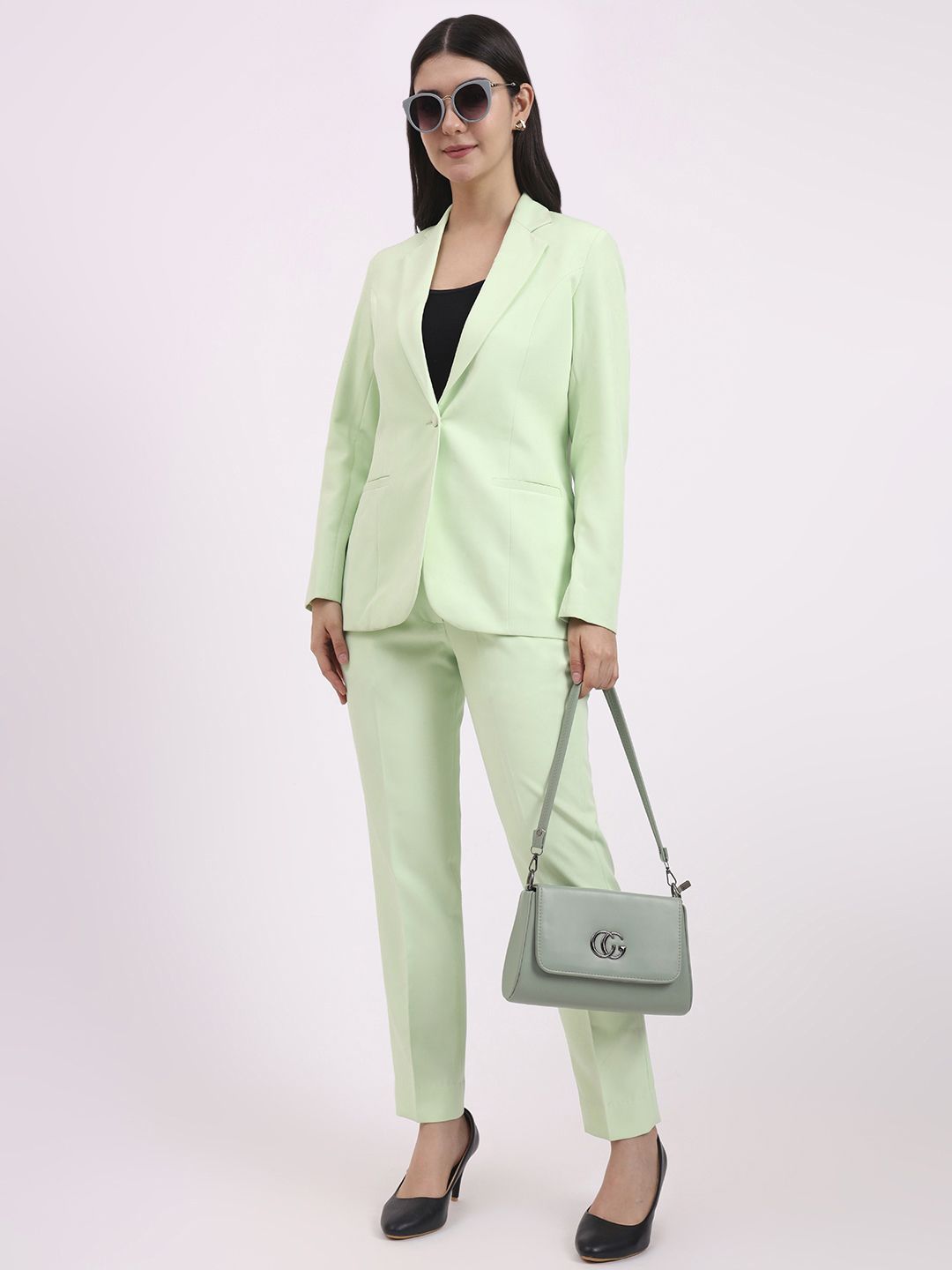 Women Formal Women Pantsuit, Single Button Blazer with Straight Pants Solid Suit