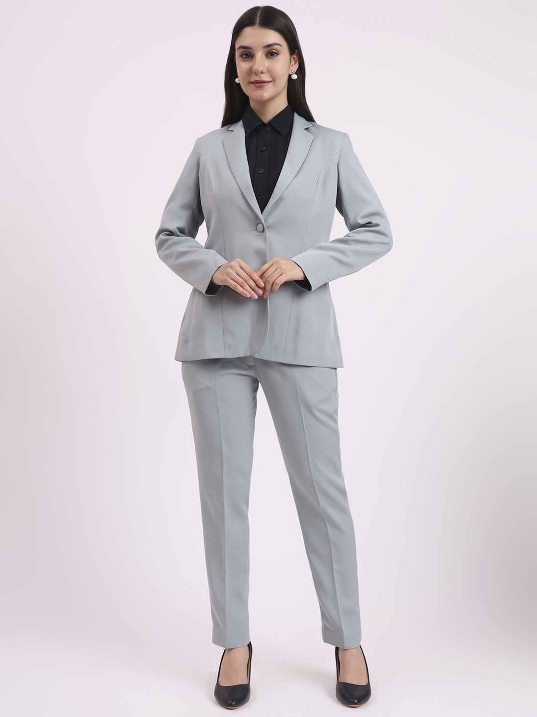 Women Formal Women Pantsuit, Single Button Blazer with Straight Pants Solid Suit
