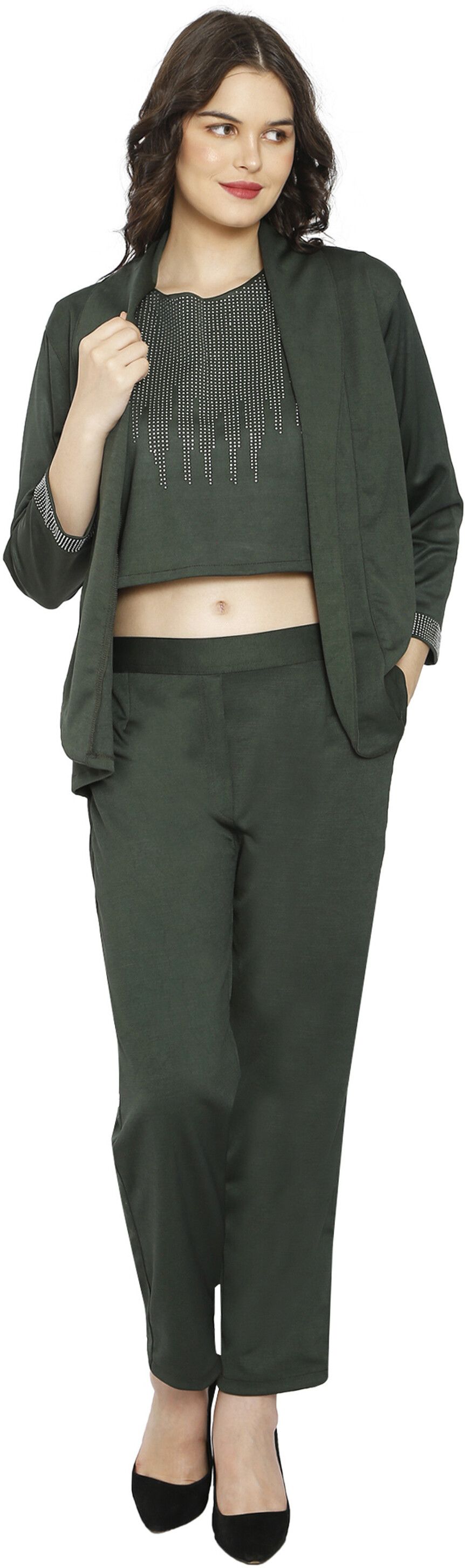 Women 3Pc Co-Ord Set |Top, Pants And Blazer Solid Suit