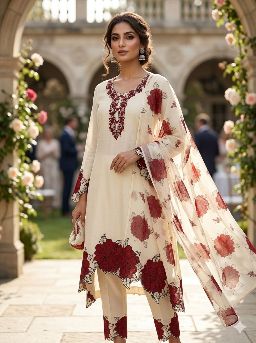 haniya Women EMBROIDERD Embroidered, Floral Print Suit-picture-35