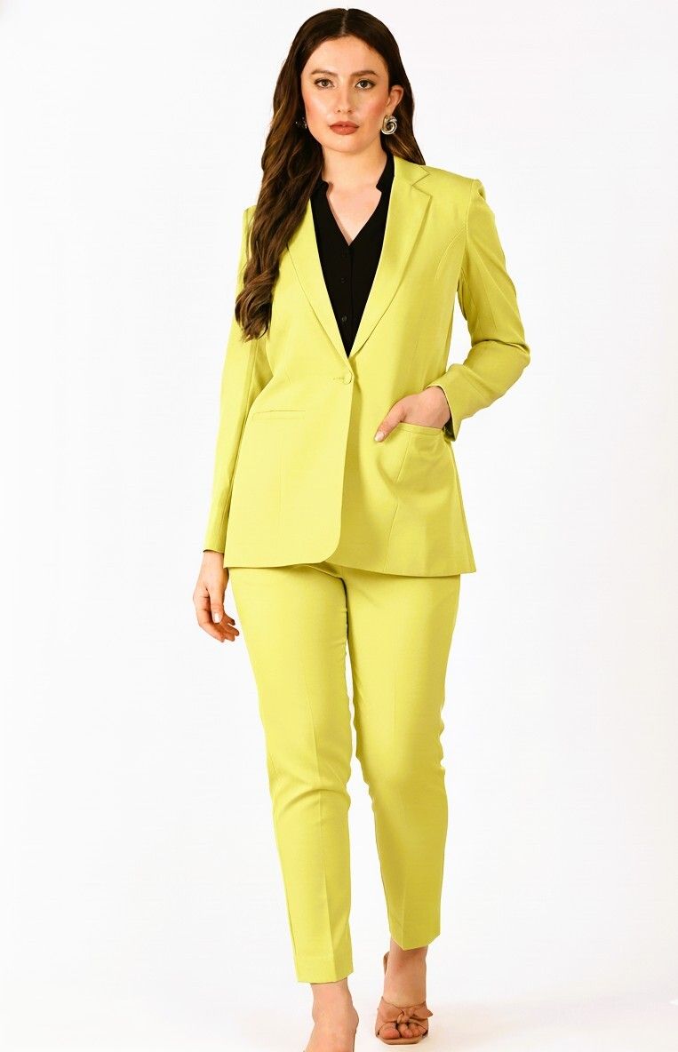 edenryd Women Formal Pant suit single Button Blazer with Pant Lime Yellow Coat Solid Suit-picture-32