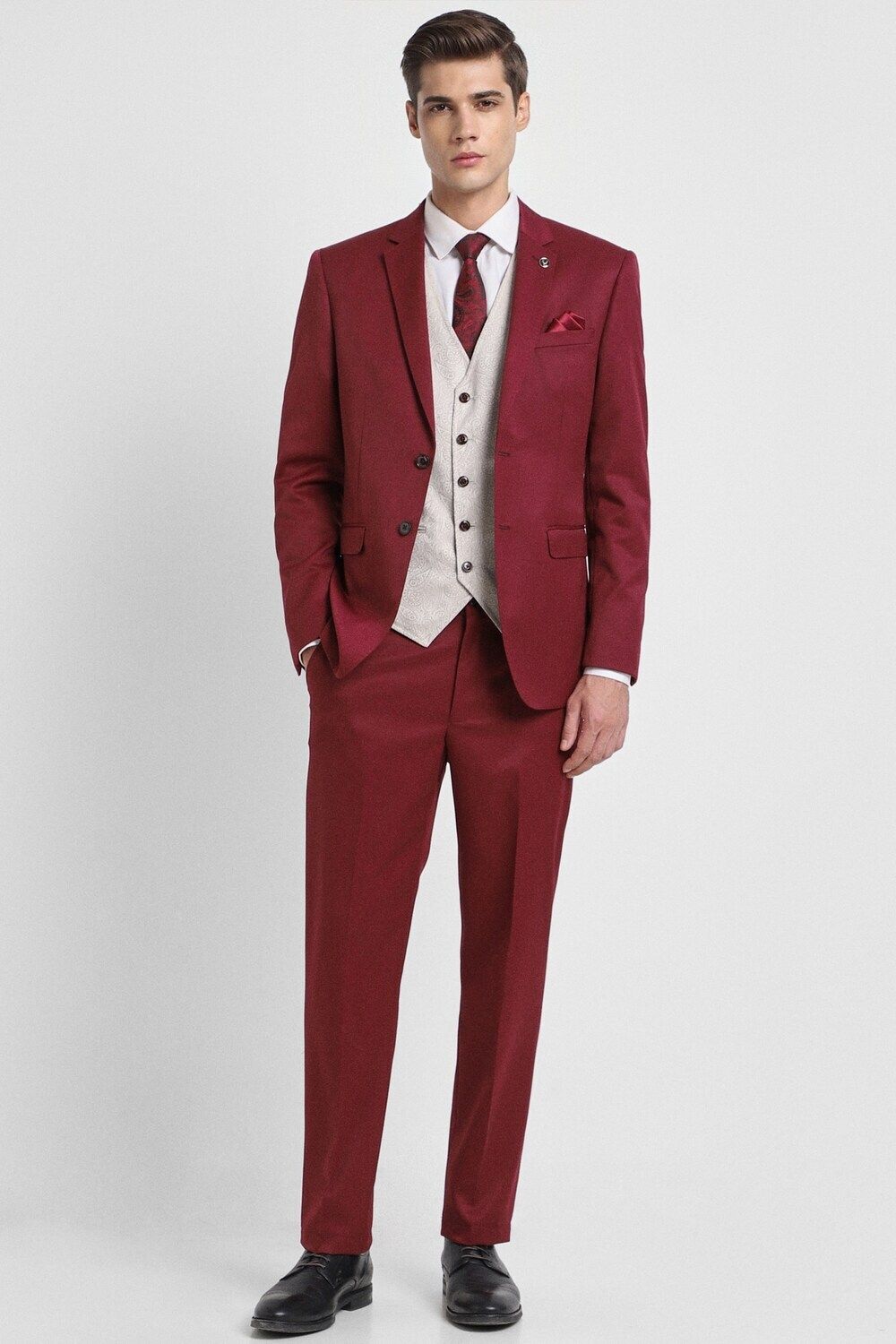 allen solly Men Men Maroon Slim Fit Solid Party Three Piece Suit Solid Suit-picture-43