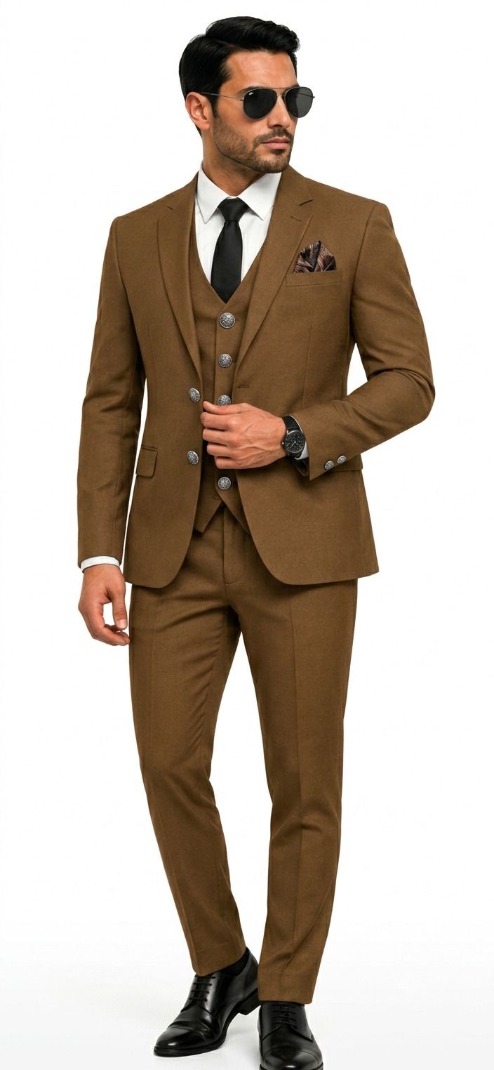 clothify Men Camel Brown 3-Piece Coat Pant Set | Party Wear Suit | Slim Fit Three Piece Solid Suit-picture-33