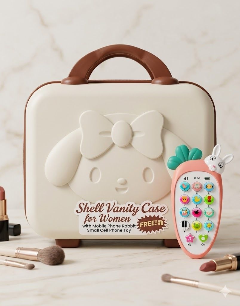 Hard Body Set of 2 Luggage - Shell Vanity Case for Women with Free Kids Rabbit Small Cellular Mobile Toy - Beige-image-43