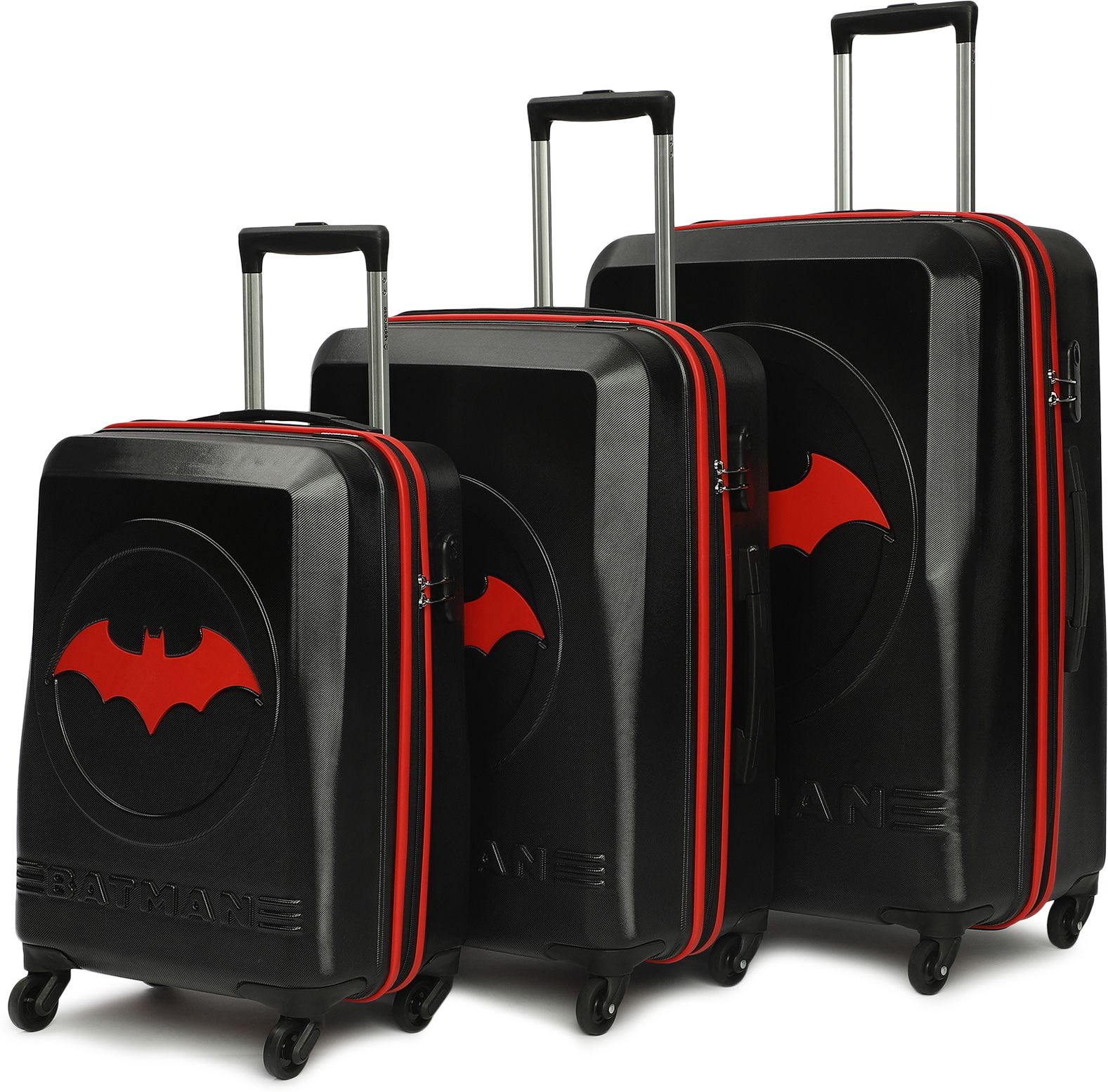 Hard Body Set of 3 Luggage 4 Wheels - BATMAN OFFICIAL MERCHANDISE TROLLEY WITH PREMIUM MOULDED BAT LOGO - Red