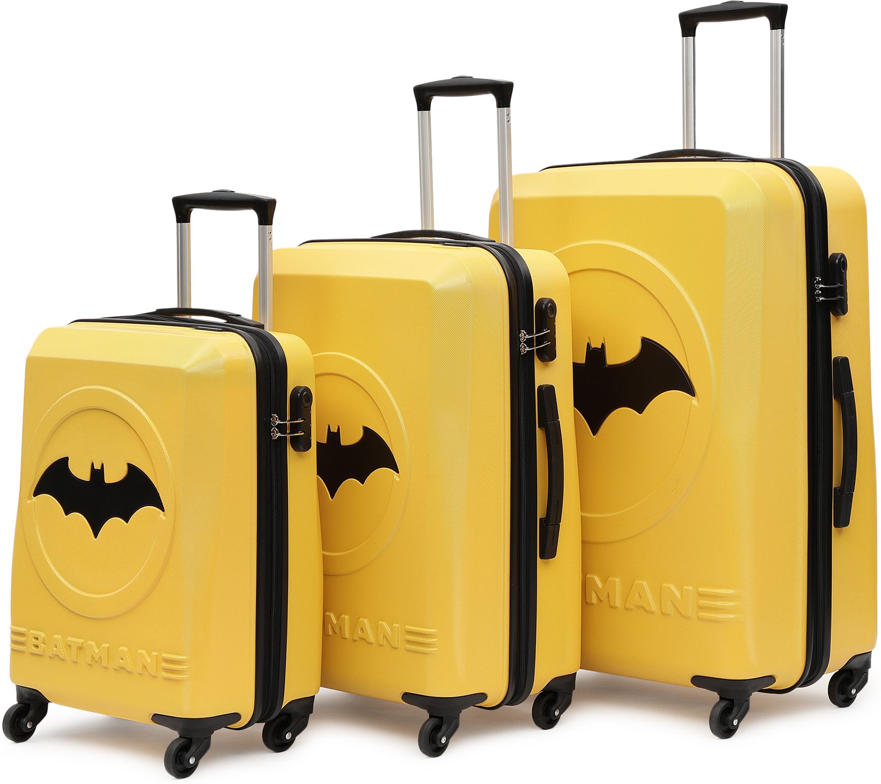 Hard Body Set of 3 Luggage 4 Wheels - BATMAN OFFICIAL MERCHANDISE TROLLEY WITH PREMIUM MOULDED BAT LOGO - Yellow, Black