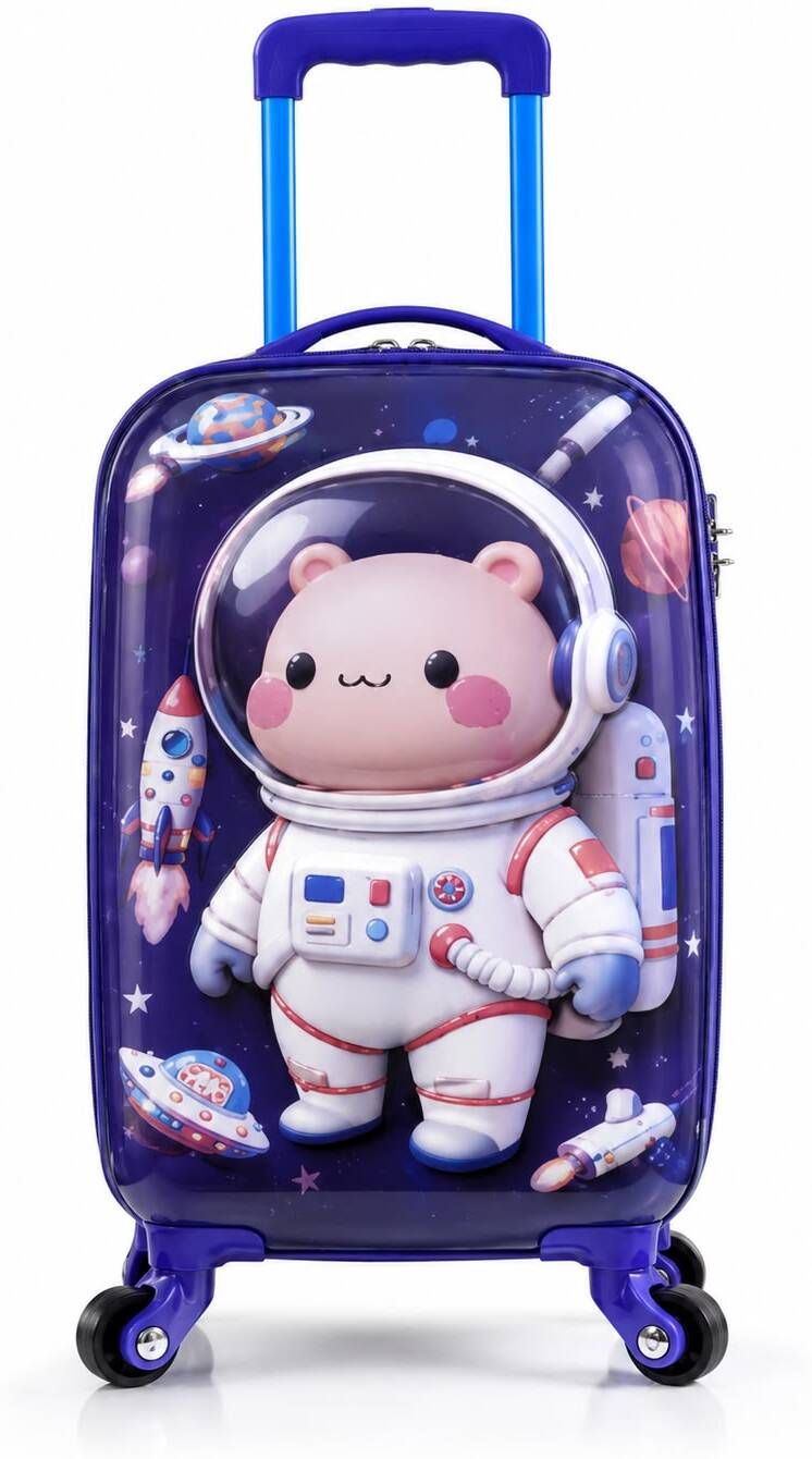 Small Cabin Suitcase (16 inch) 4 Wheels - Kids Ride-On Travel Suitcase with 360° Spinner Wheels 22L ABS Hard Shell - Blue-image-6