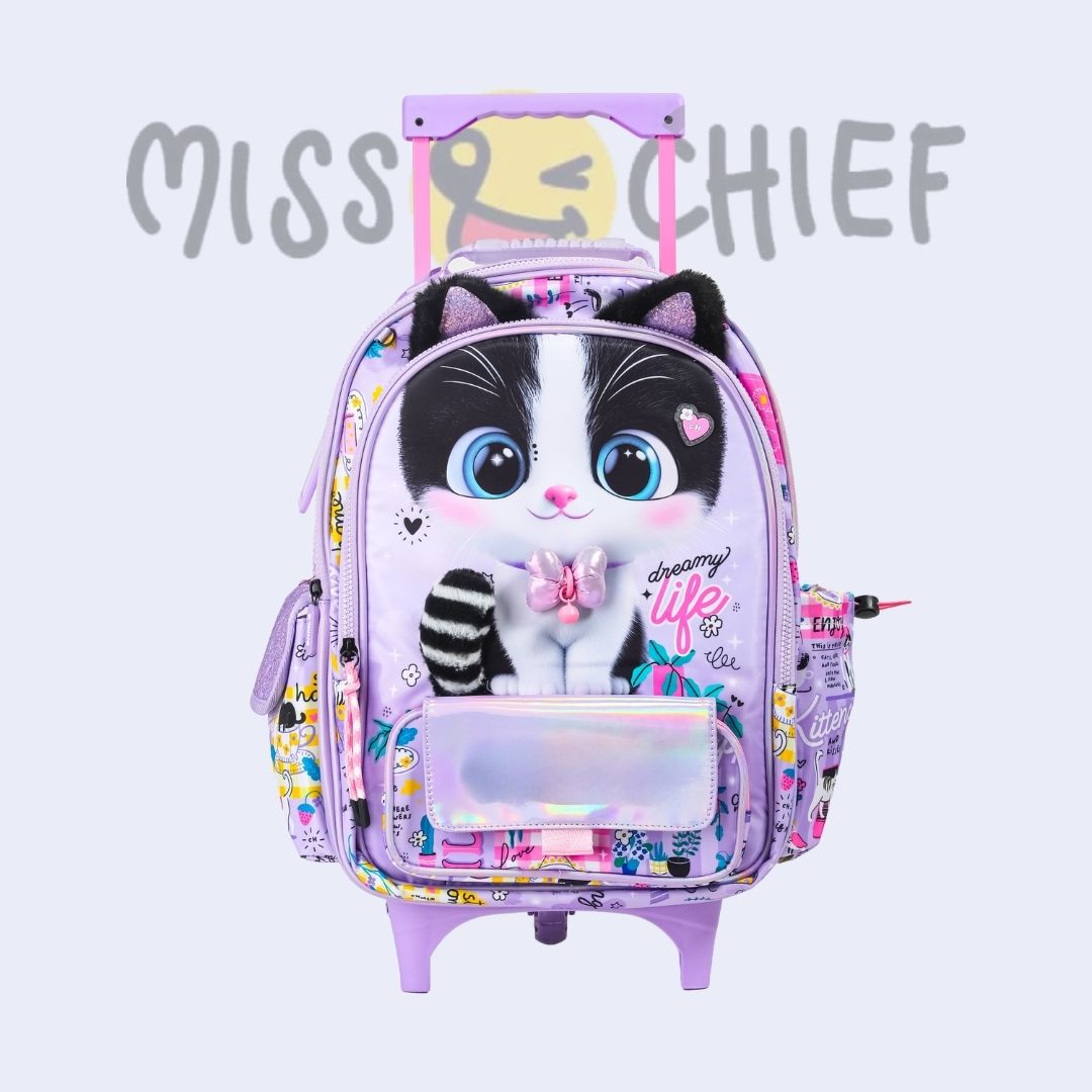 miss & chief Small Cabin Suitcase (40 cm) 2 Wheels - Cute Kitty School Trolley Bag Kids Rolling Backpack with Wheels for Girls - Purple-picture-28