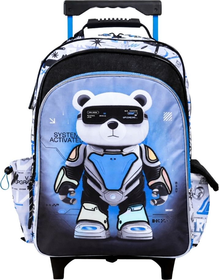 Small Cabin Suitcase (40 cm) 2 Wheels - Kids Robo Bear School Trolley Bag with Wheels Blue Printed Backpack - Blue-image-1