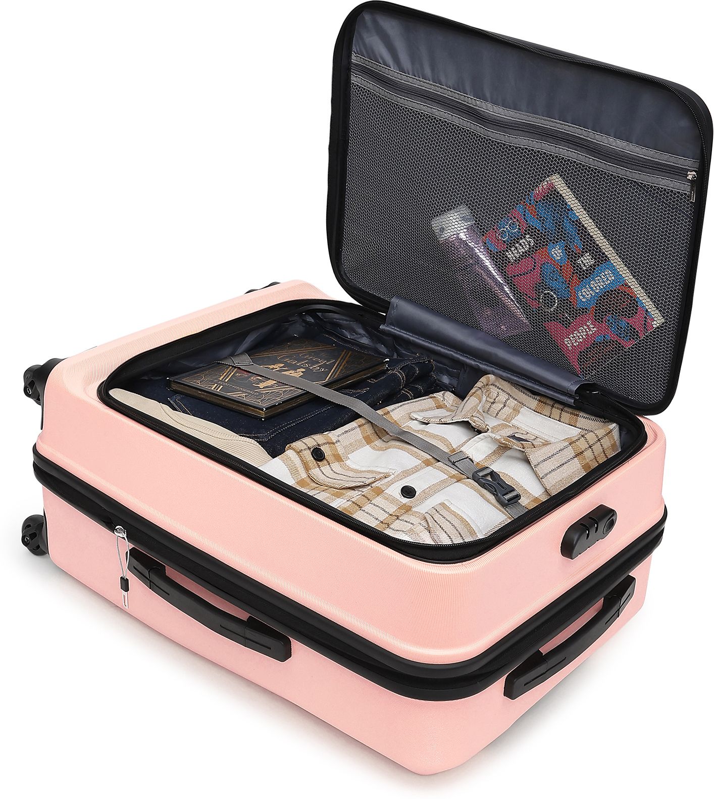 yayavar Medium Check-in Suitcase (67 cm) 4 Wheels - Cairo Trunk Front Open Hard Luggage With Premium Interior - Pink, Black-picture-31