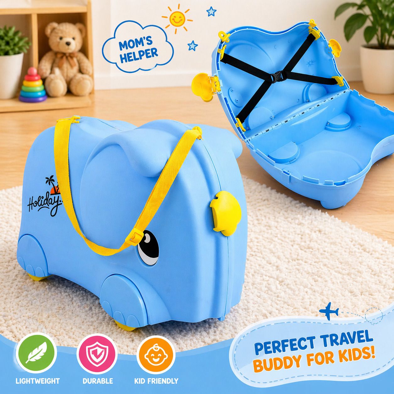 buddynjoy Small Cabin Suitcase (32 cm) 4 Wheels - 2 in 1 Ride On Suit case Elephant Design Travel Trolley Bag for Kids - Blue-picture-30