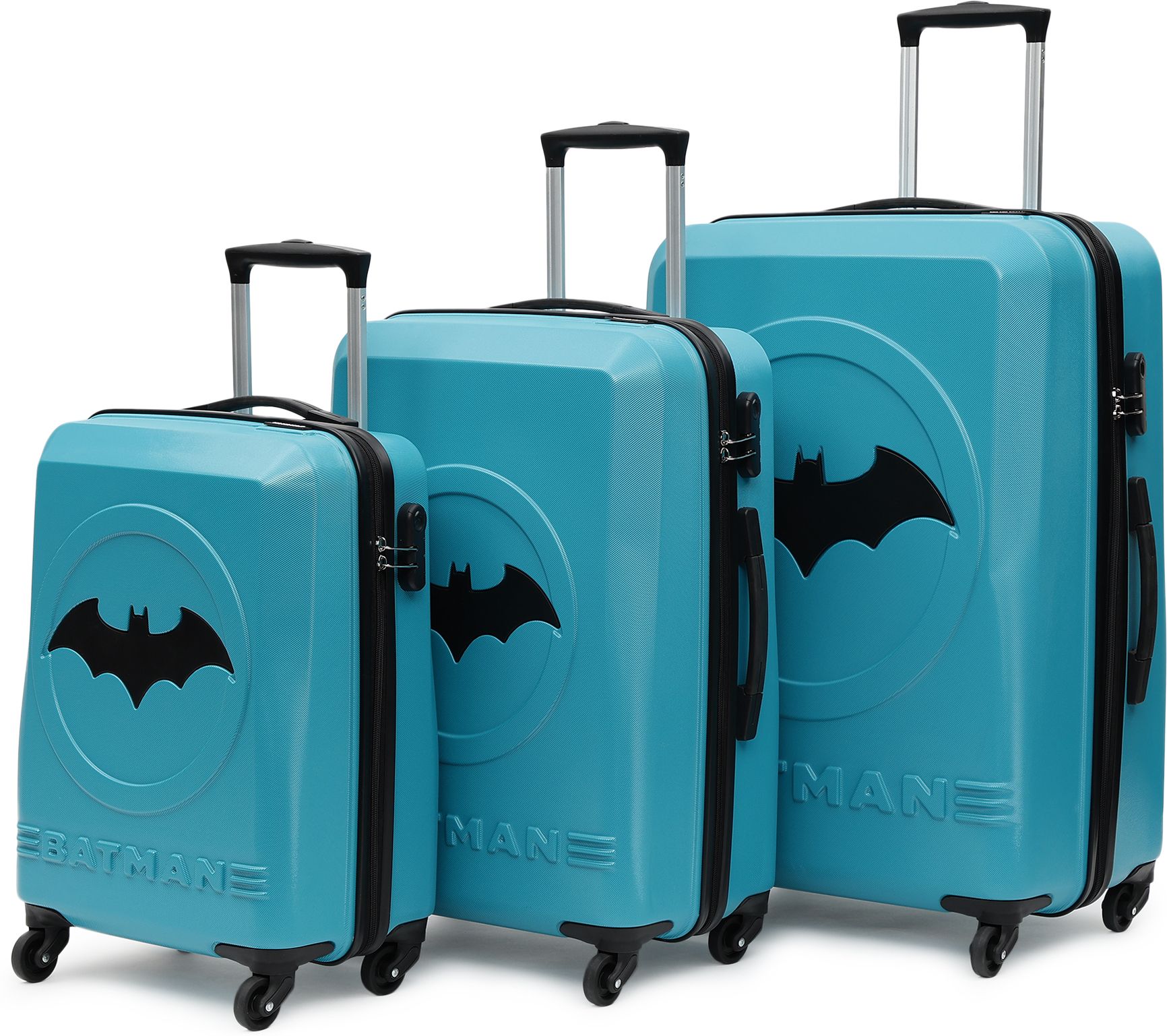 Hard Body Set of 3 Luggage 4 Wheels - BATMAN OFFICIAL MERCHANDISE TROLLEY WITH PREMIUM MOULDED BAT LOGO - Teal