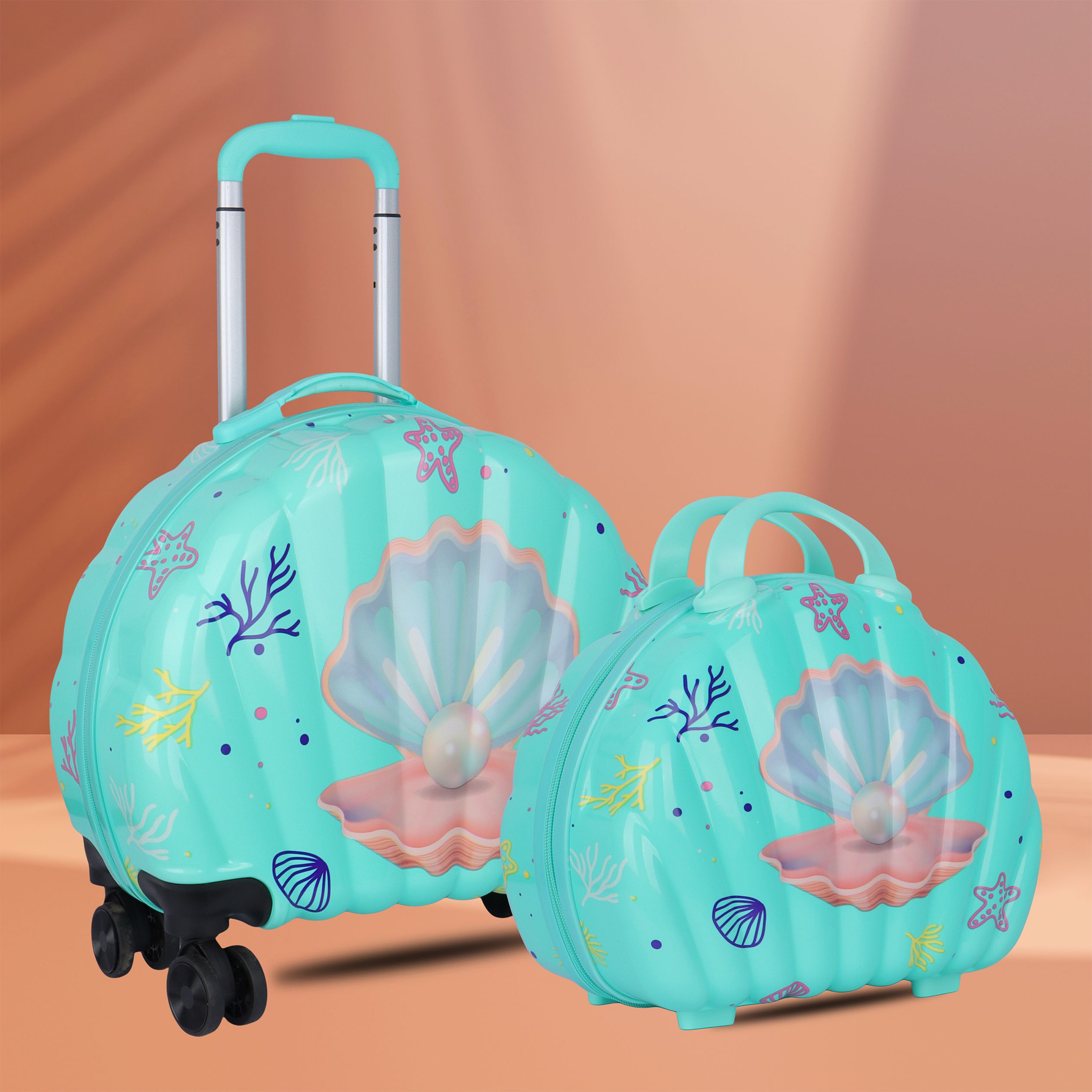 Hard Body Set of 2 Luggage 8 Wheels - Kids Trolley Bag with vanity Polycarbonate Waterproof Trolley Bag for Kids - Green-image-14