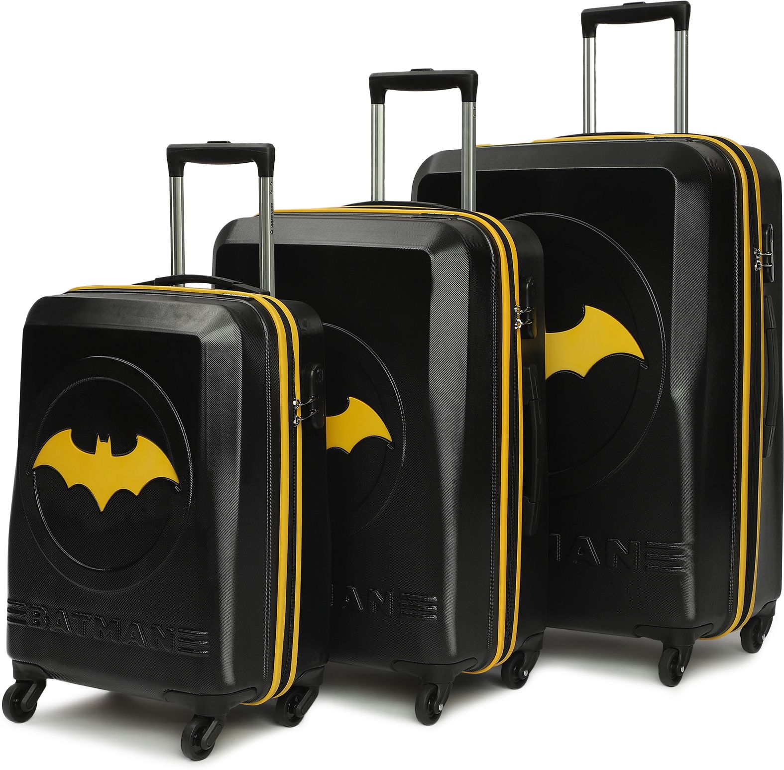 Hard Body Set of 3 Luggage 4 Wheels - BATMAN OFFICIAL MERCHANDISE TROLLEY WITH PREMIUM MOULDED BAT LOGO - Yellow
