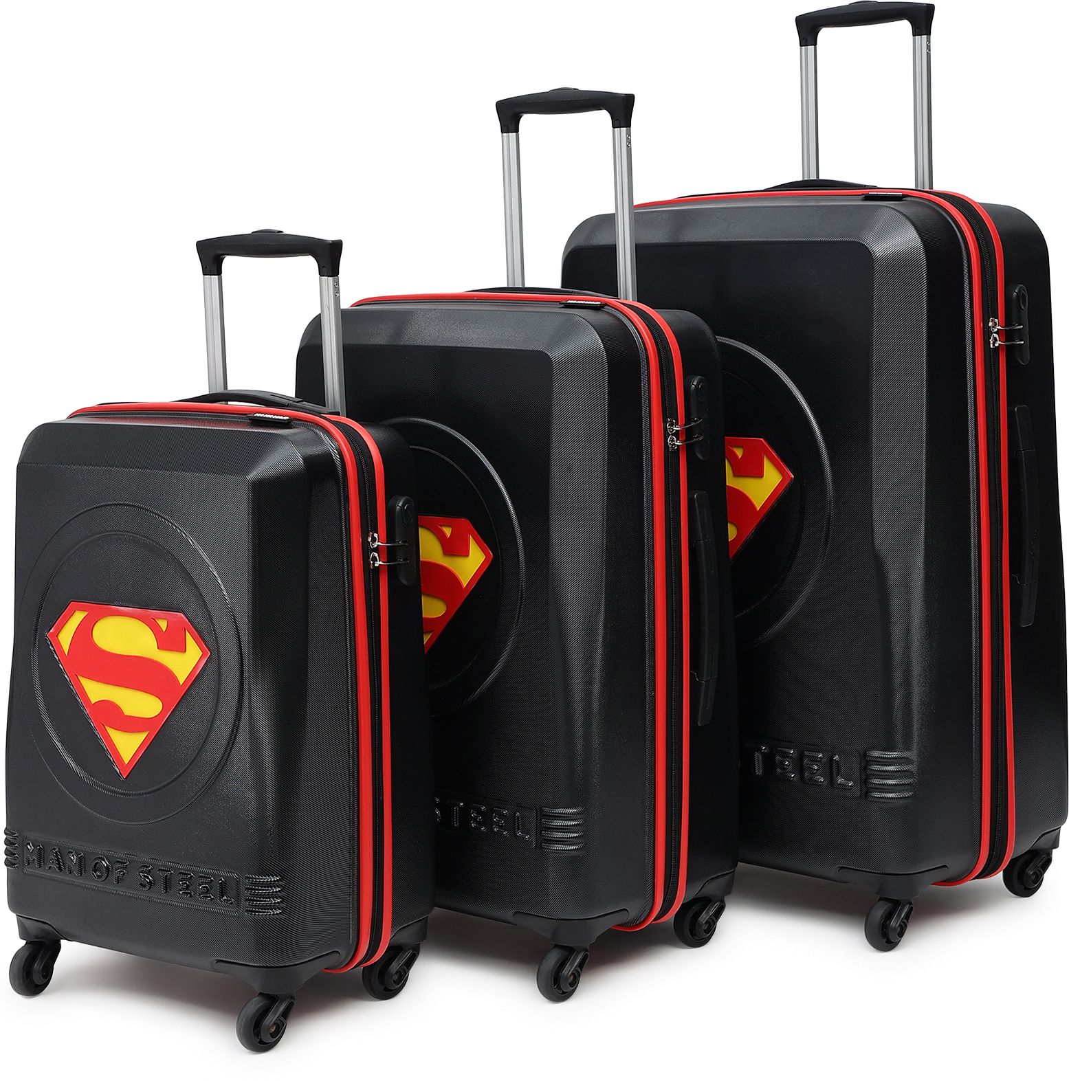 Hard Body Set of 3 Luggage 4 Wheels - SUPERMAN OFFICIAL MERCHANDISE TROLLEY WITH PREMIUM MOULDED SUPERMAN LOGO - Red, Black-image-24