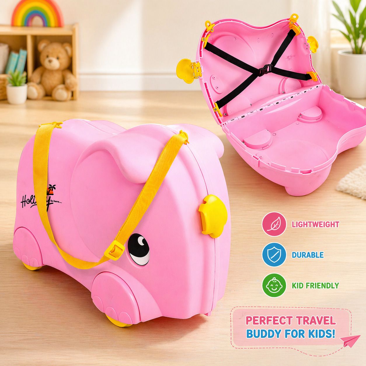 buddynjoy Small Cabin Suitcase (32 cm) 4 Wheels - 2 in 1 Ride On Suit case Elephant Design Travel Trolley Bag for Kids - Pink-picture-37