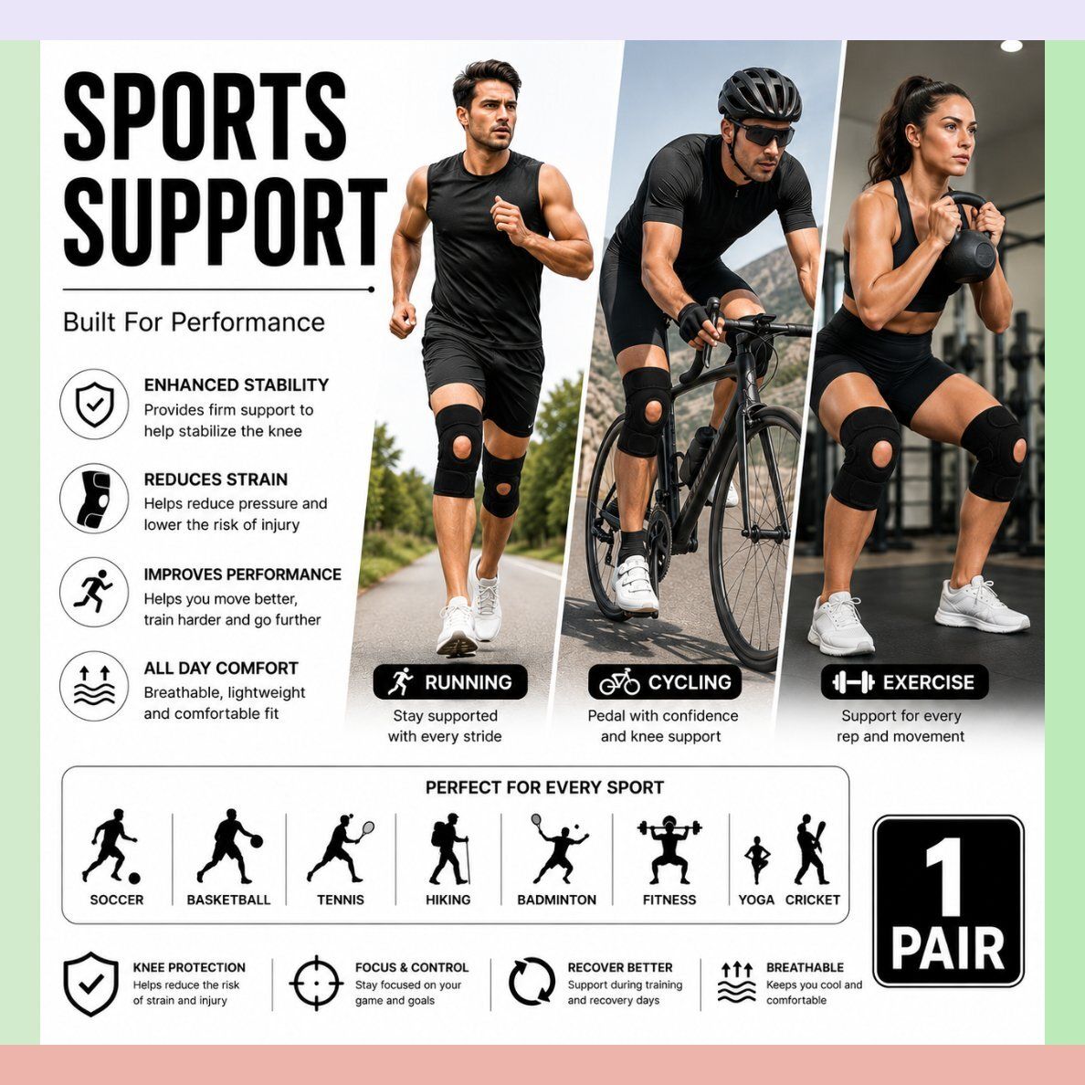 1 Pair Neoprene Adjustable Patella Brace for Adults Sports Black Calf Support-image-4