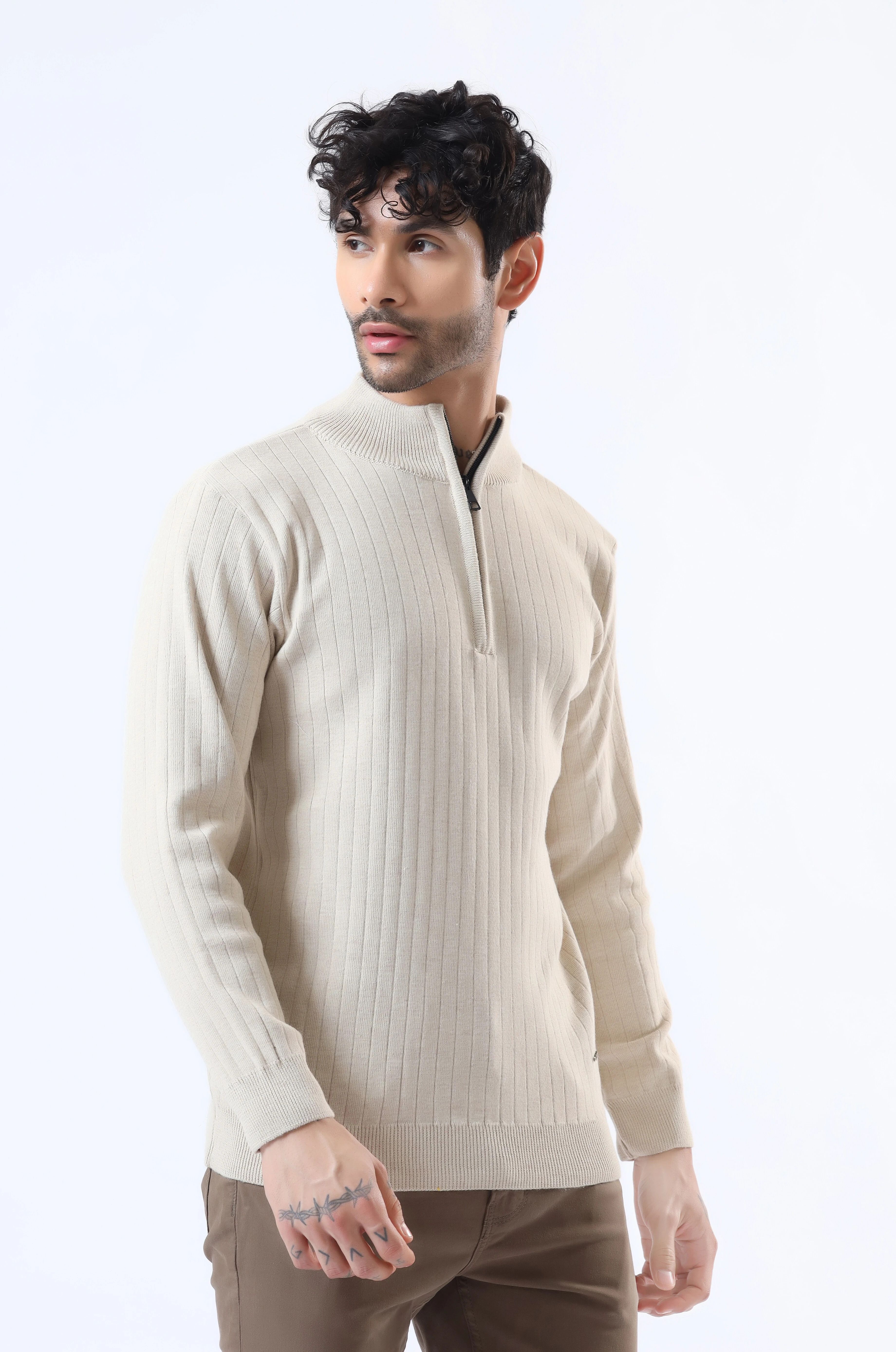 woolberry Men Solid High Neck Beige Sweater-picture-22