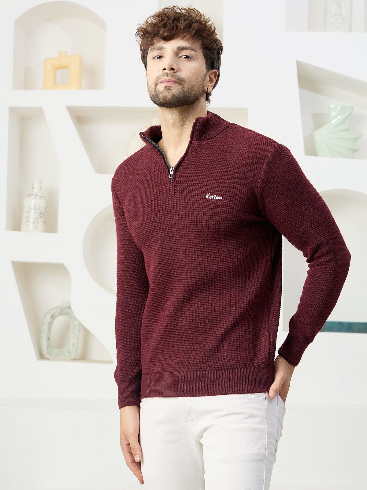 kvetoo Men Solid High Neck Maroon Sweater-picture-26