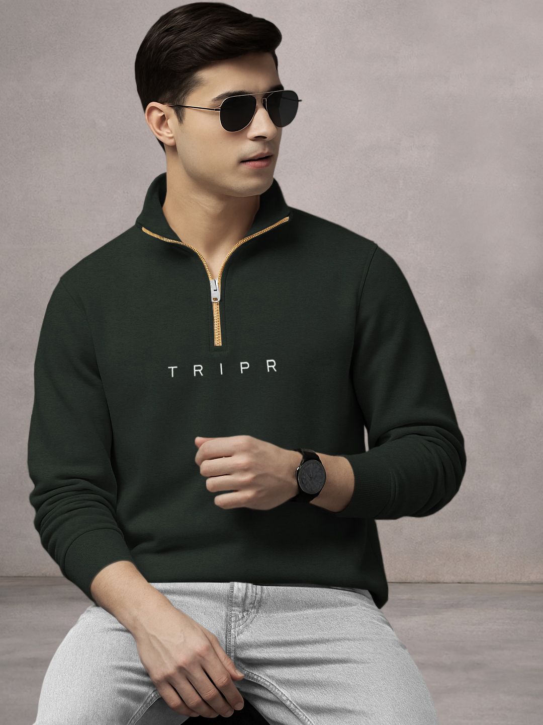 Men Printed High Neck Dark Green Sweater-image-25