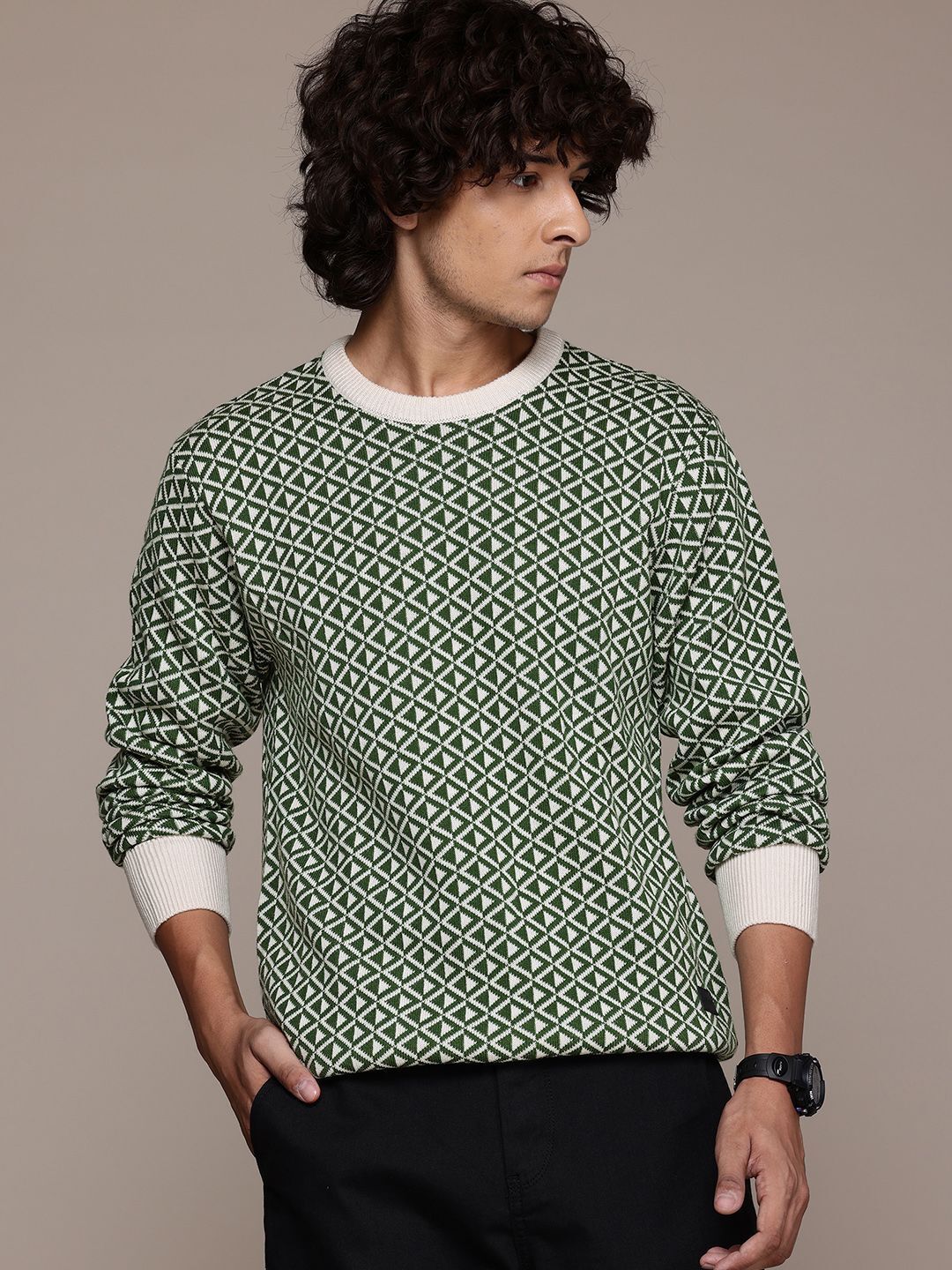 roadster Men Self Design Round Neck Green Sweater-picture-27