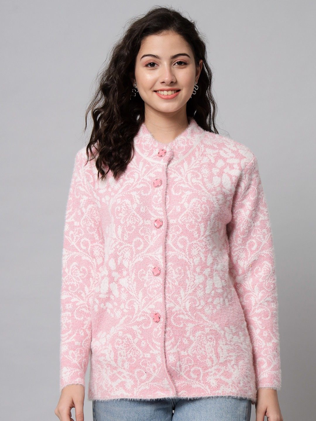Women Printed Round Neck Pink Sweater-image-2