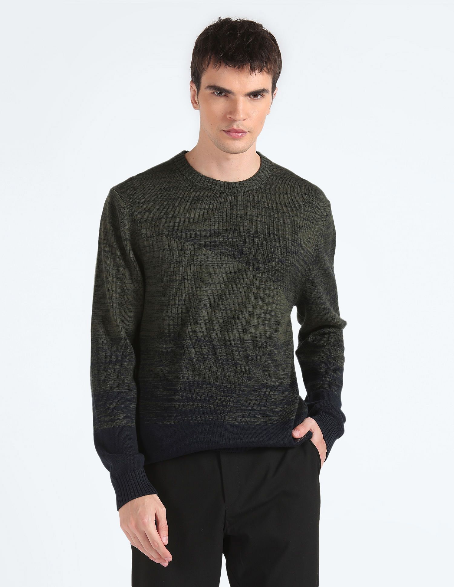 flying machine Men Self Design Crew Neck Dark Green Sweater-picture-10