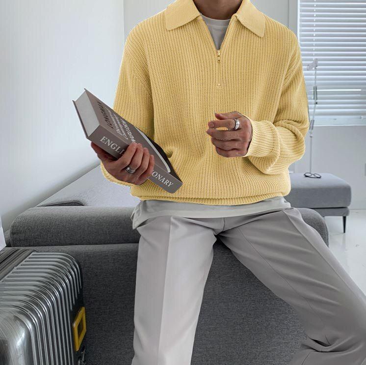 Men Solid Collared Neck Beige Sweater-image-18