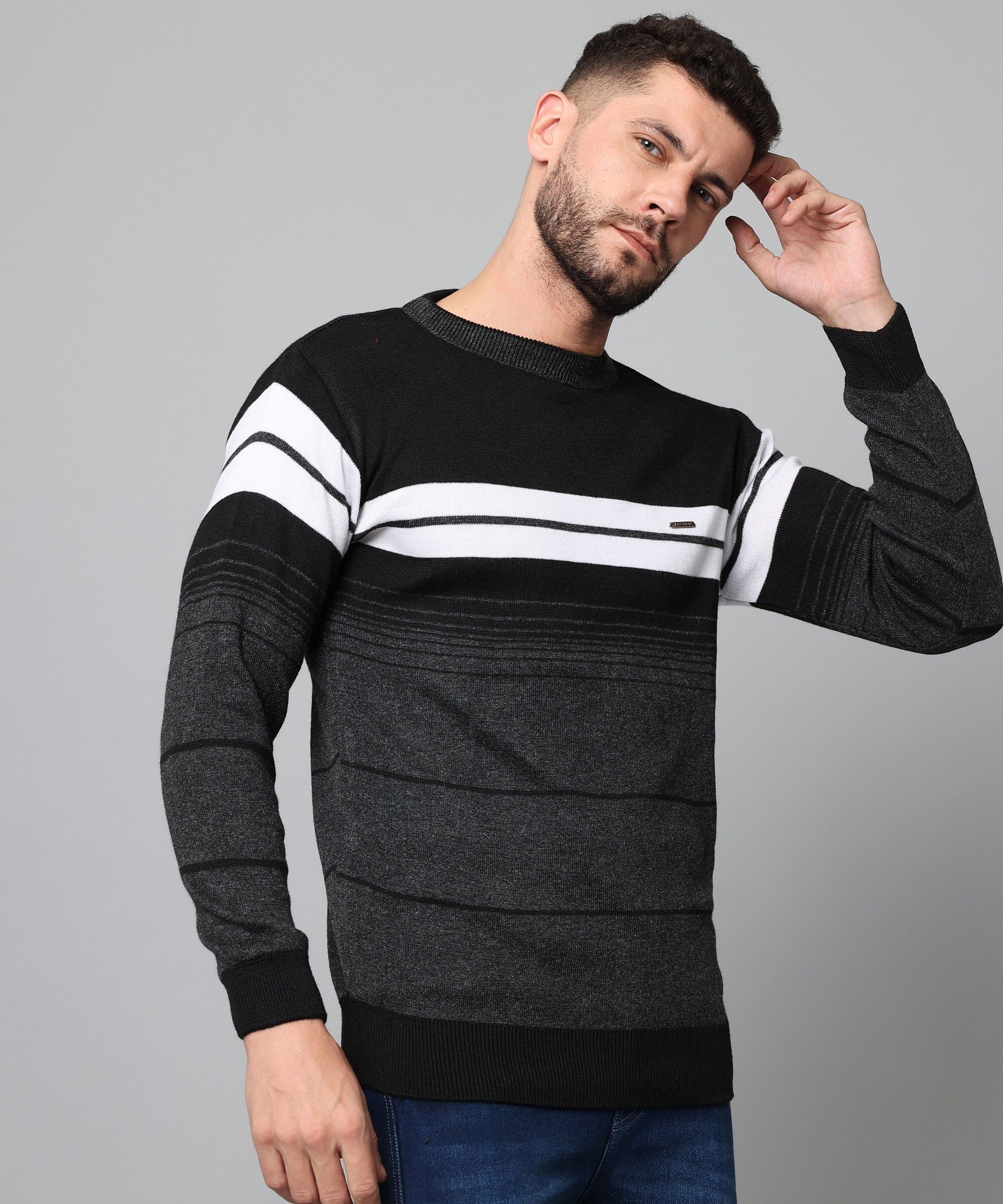 Men Striped Crew Neck Black Sweater-image-14