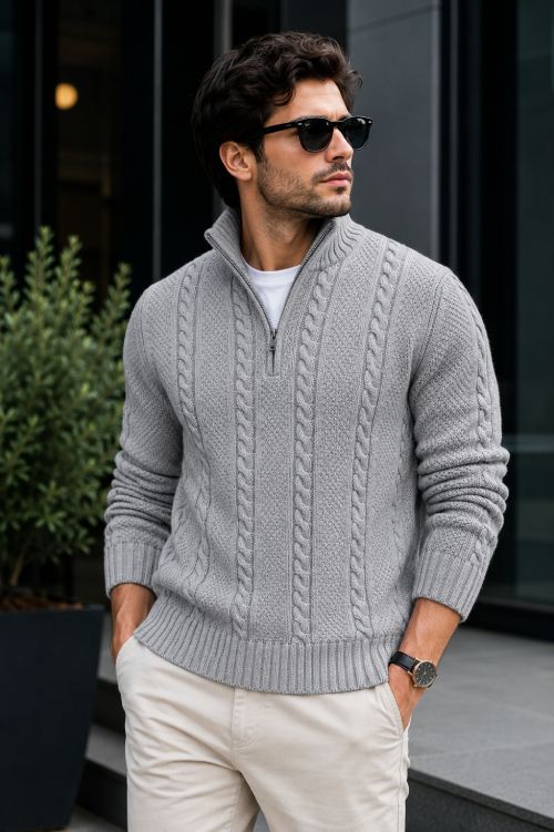 Men Self Design V Neck Grey Sweater-image-35