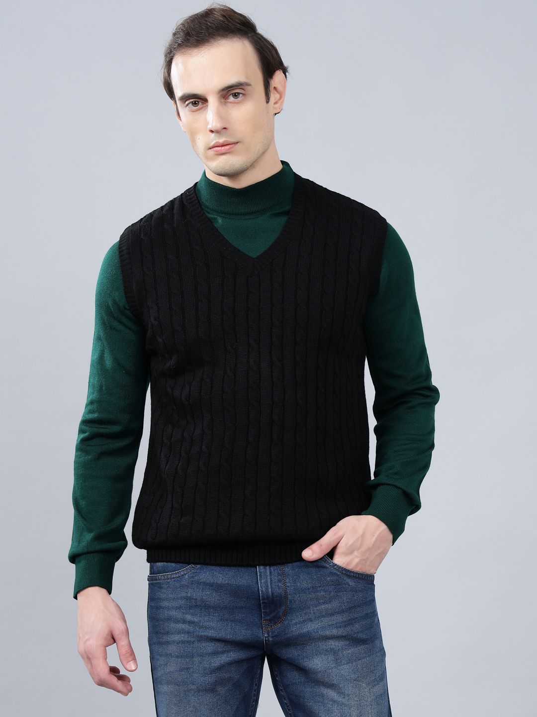 Men Self Design V Neck Black Sweater