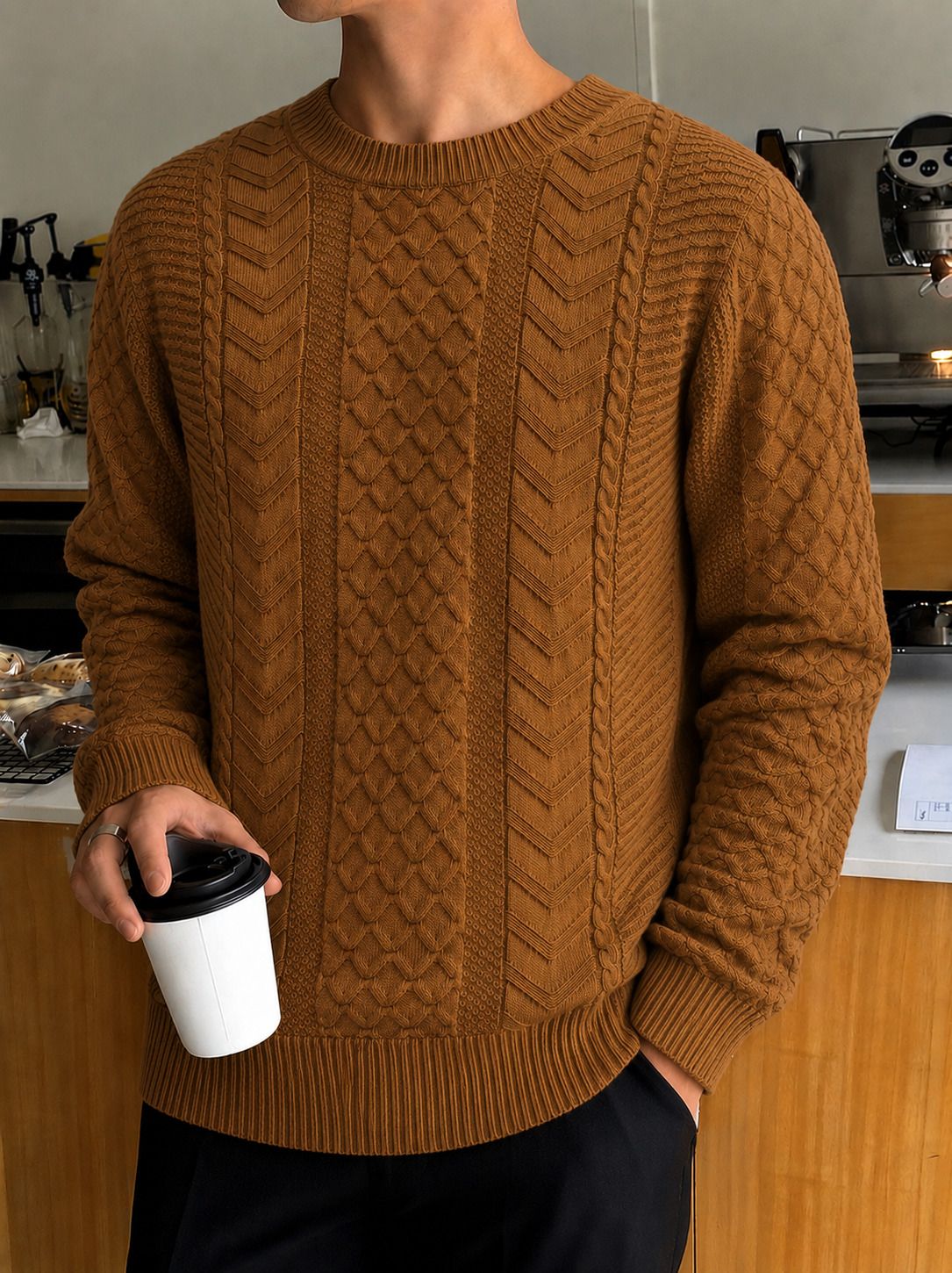 Men Graphic Print Crew Neck Beige Sweater-image-30
