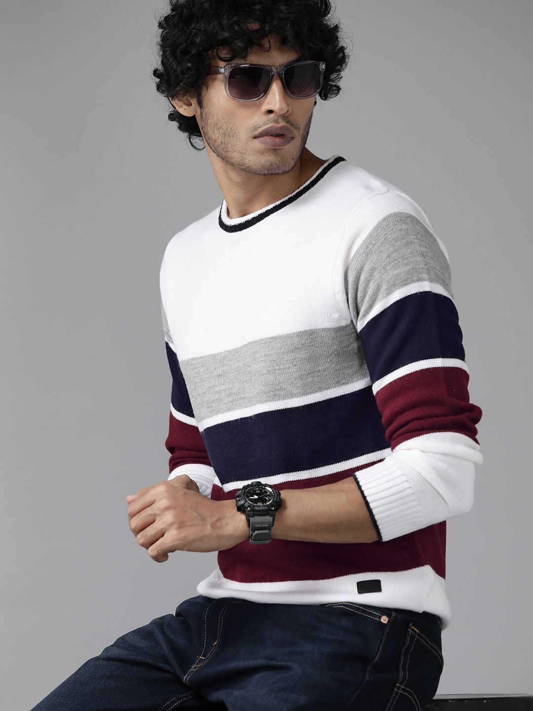 roadster Men Striped Round Neck White Sweater-picture-17
