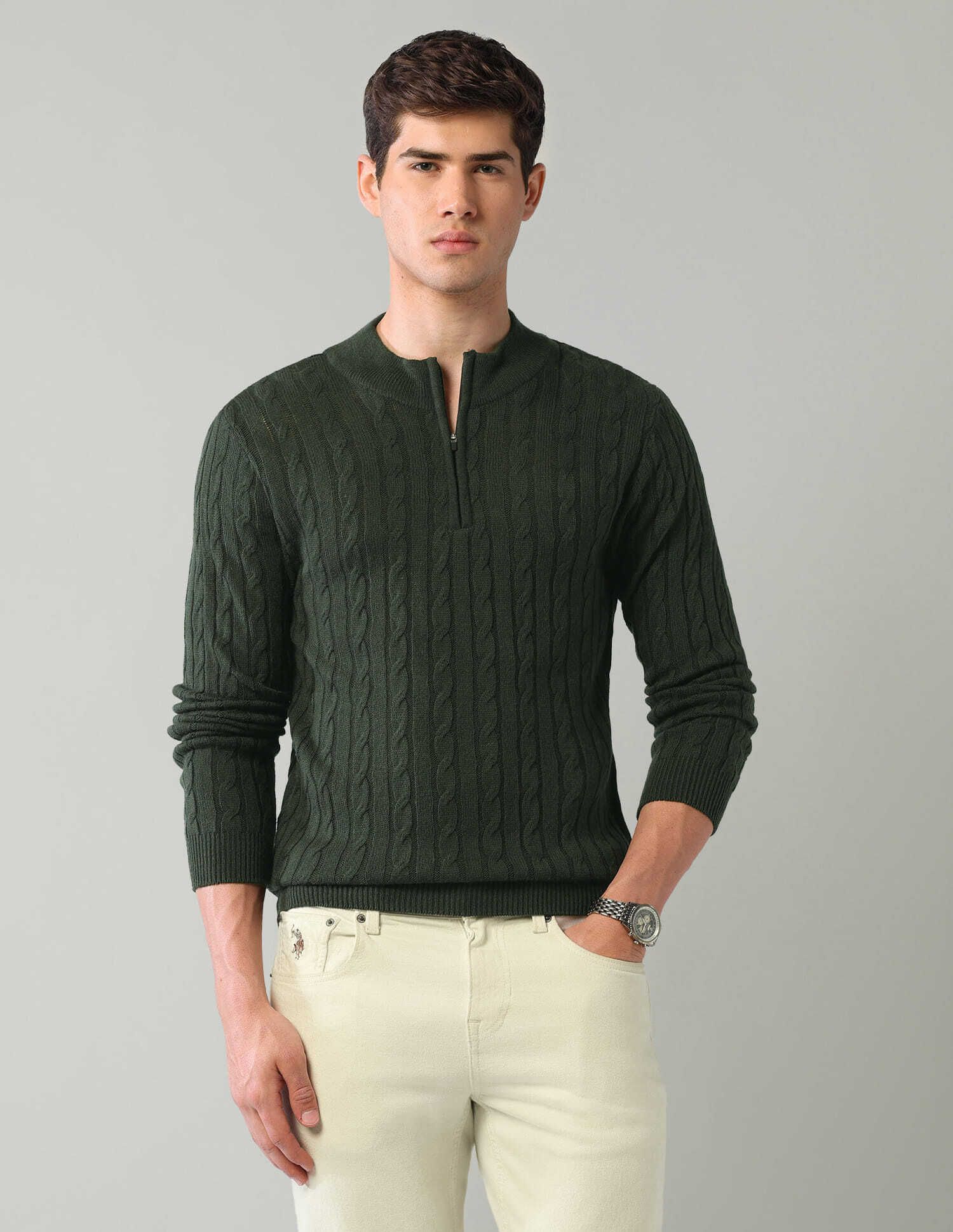 ad by arvind Men Self Design High Neck Green Sweater-picture-11