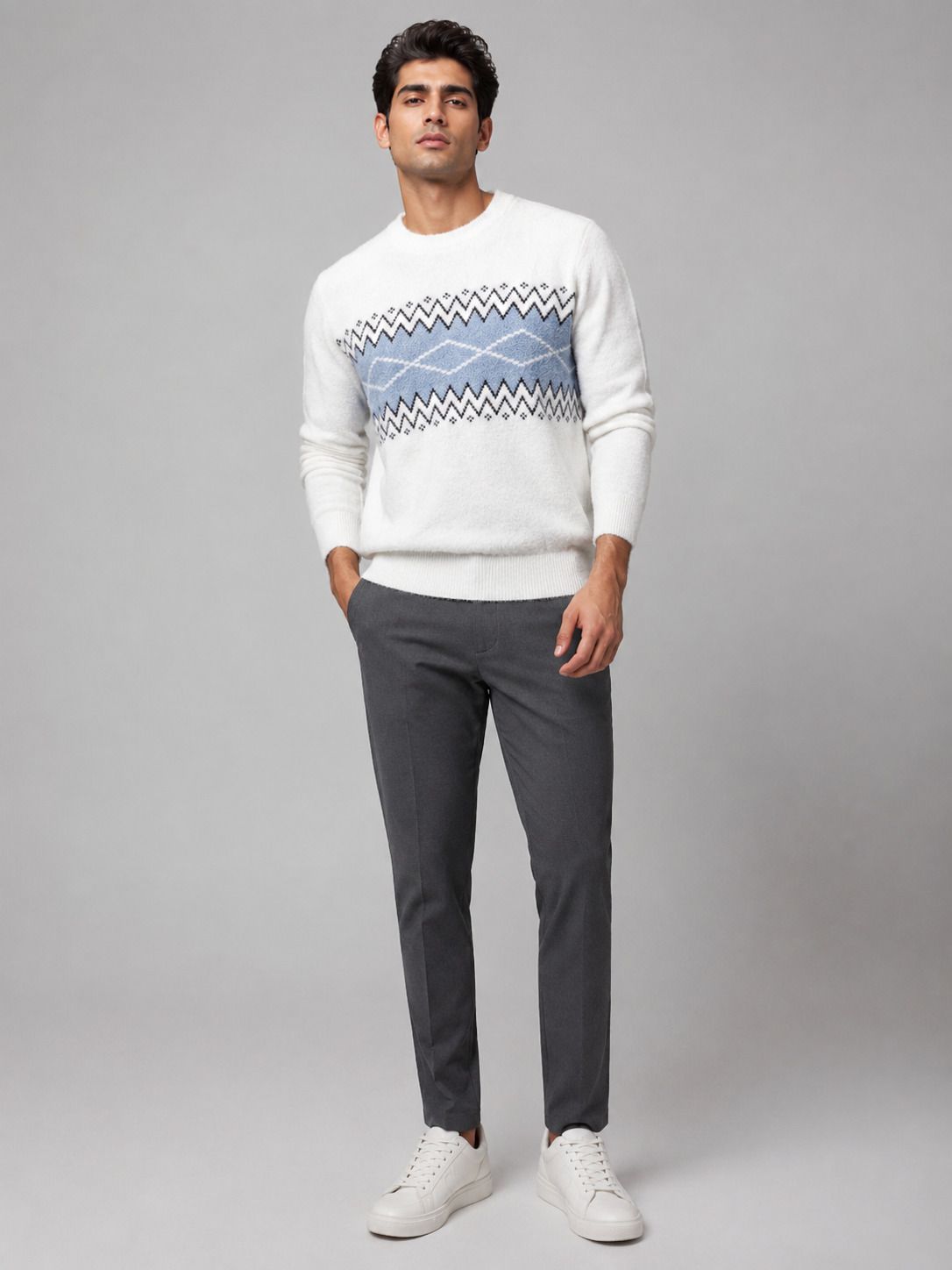 Men Geometric Print Round Neck White, Light Blue Sweater-image-42
