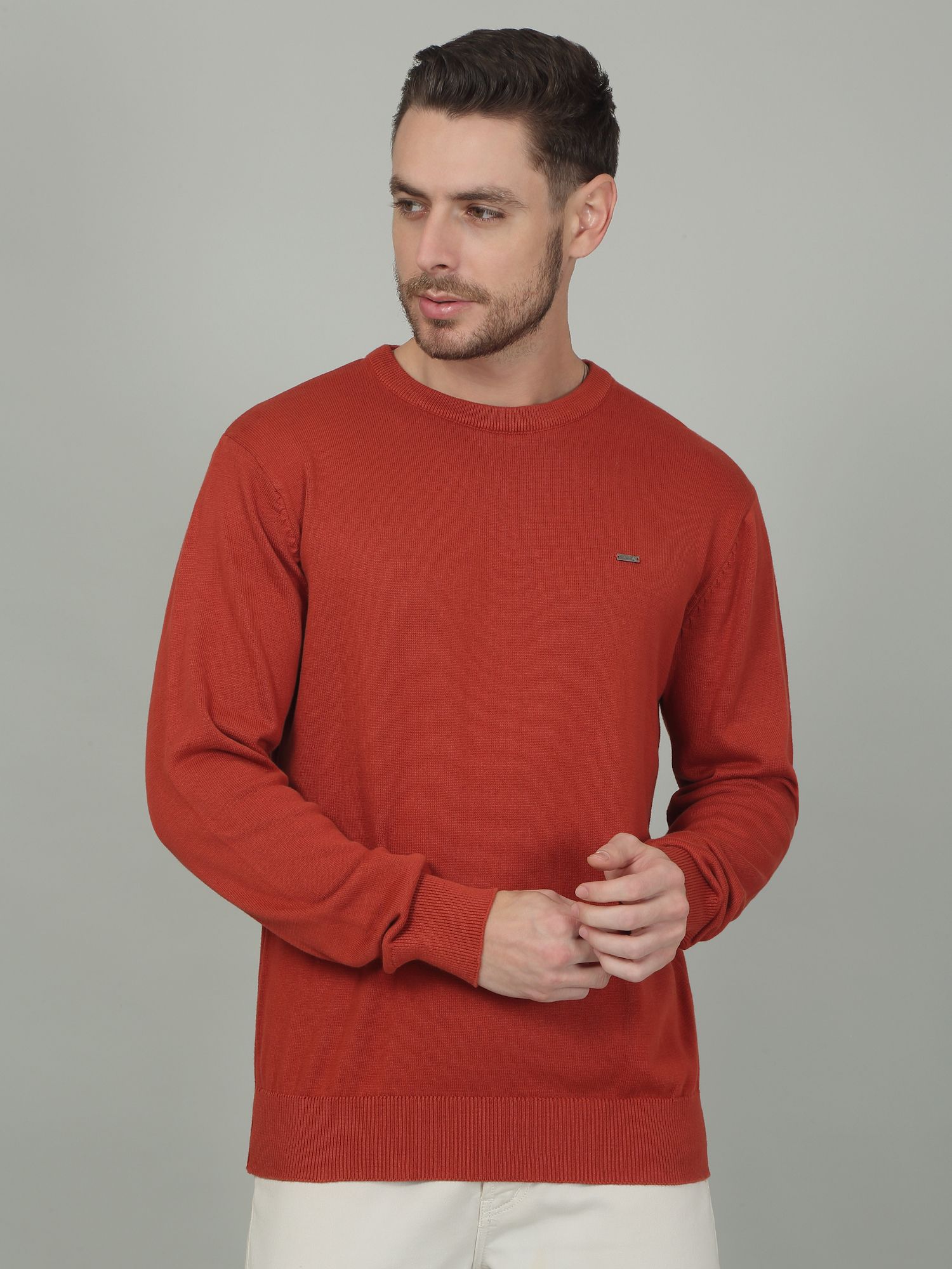Men Solid Round Neck Orange Sweater-image-28