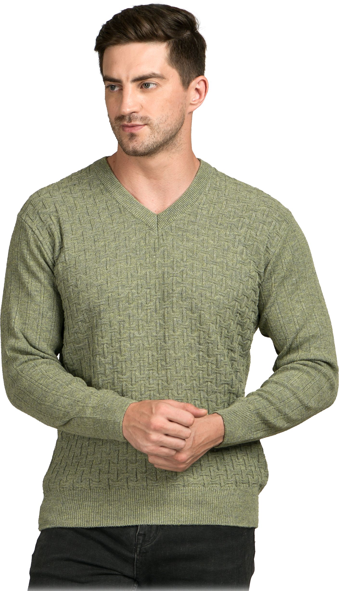 Men Self Design V Neck Dark Green Sweater-image-34