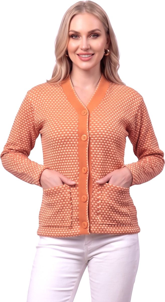 enov Women Printed V Neck Orange Sweater-picture-27