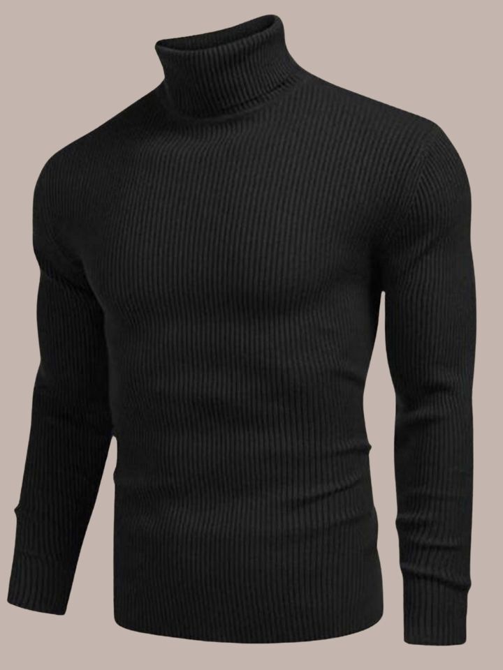 Men Solid High Neck Black Sweater