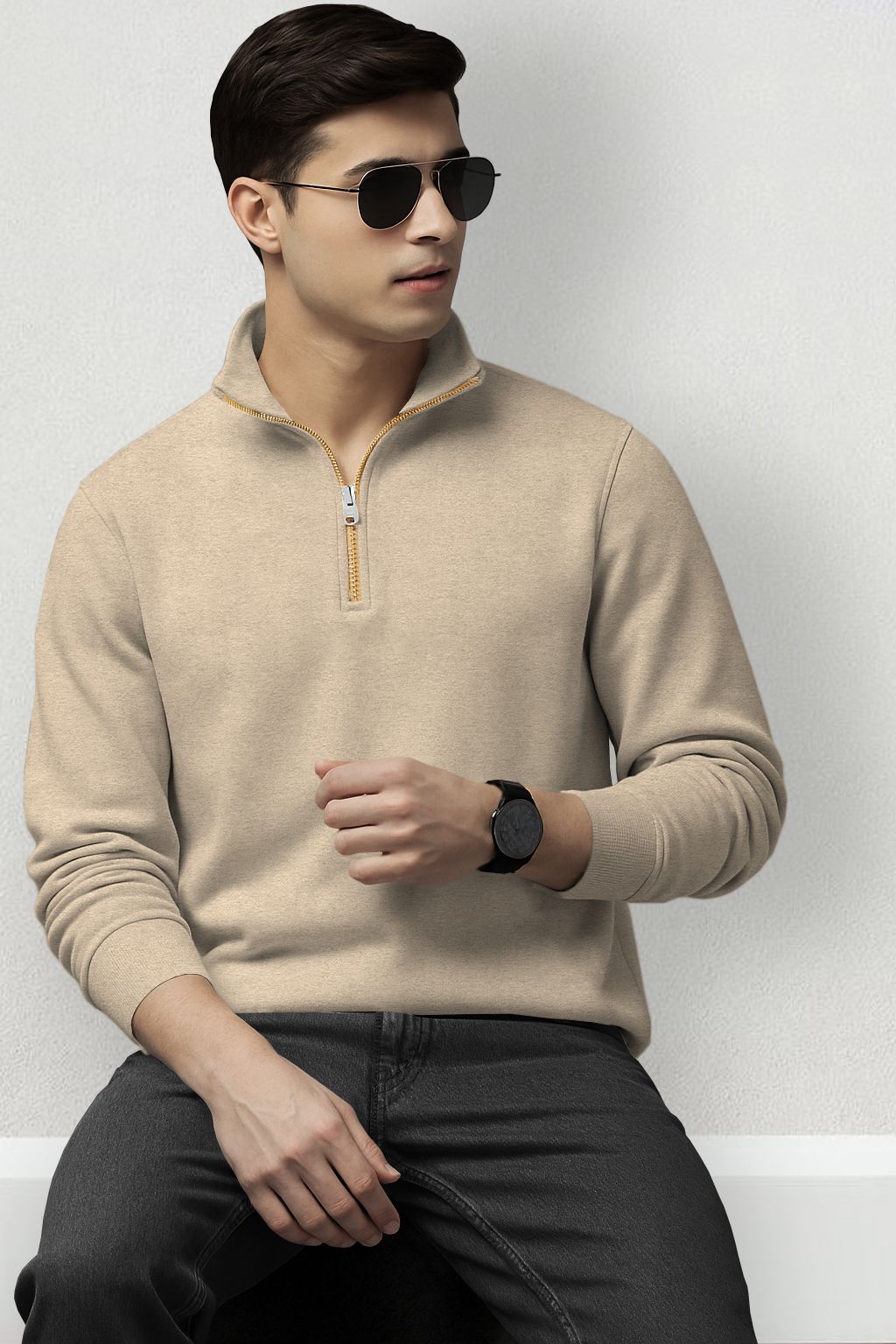 tripr Men Solid High Neck Beige Sweater-picture-24