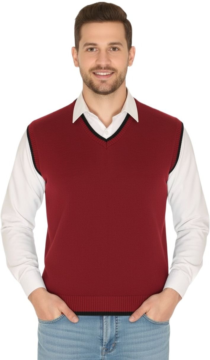 Men Solid V Neck Maroon Sweater