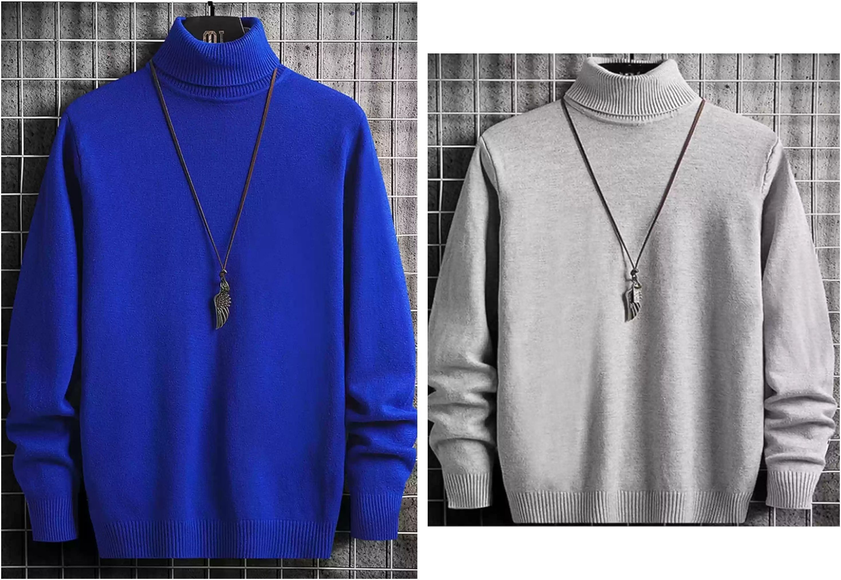 Men Solid High Neck Blue, Grey Sweater