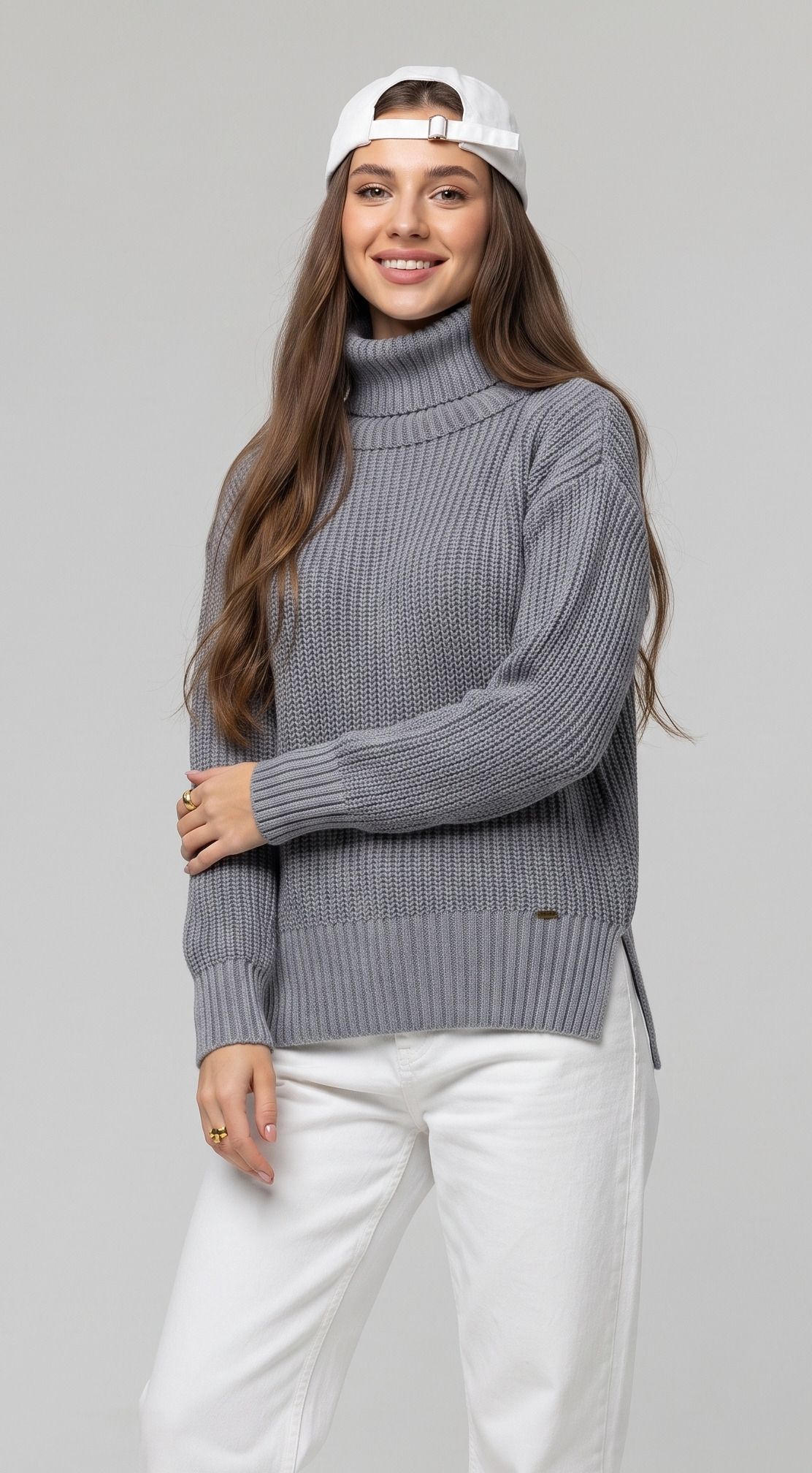 woolberry Women Self Design Turtle Neck Grey Sweater-picture-24