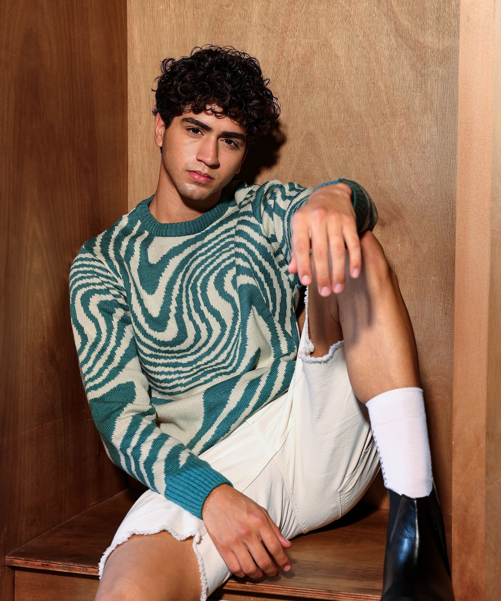 cahoot Men Self Design Round Neck Green Sweater-picture-21