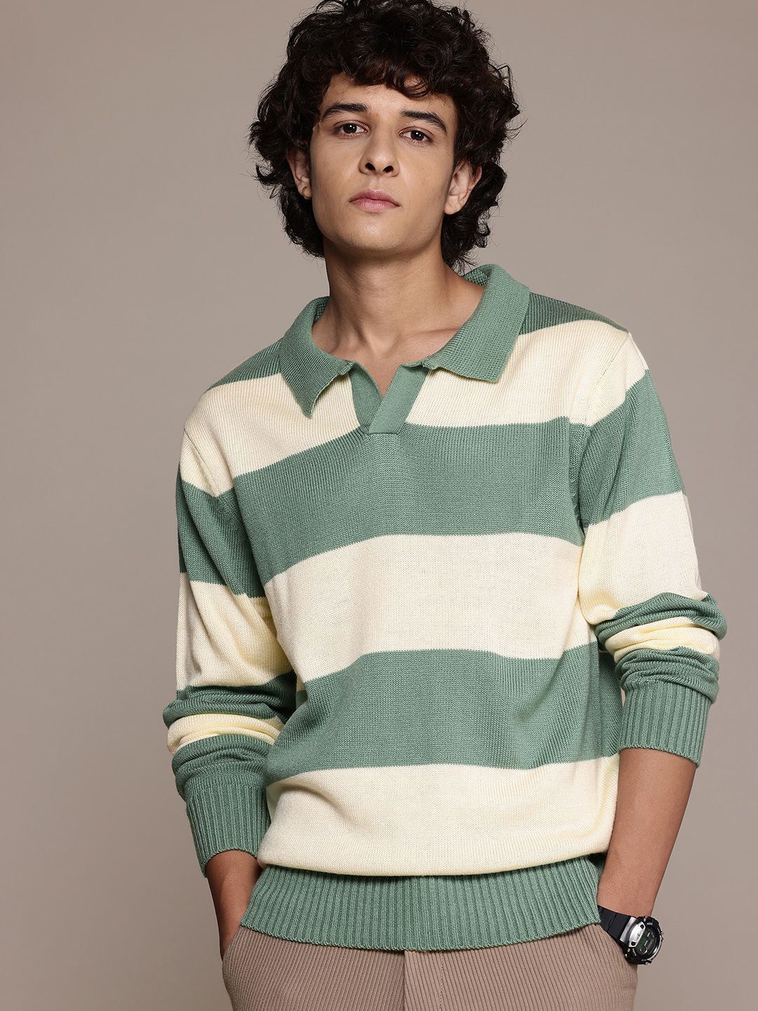 roadster Men Striped Collared Neck Green Sweater-picture-15