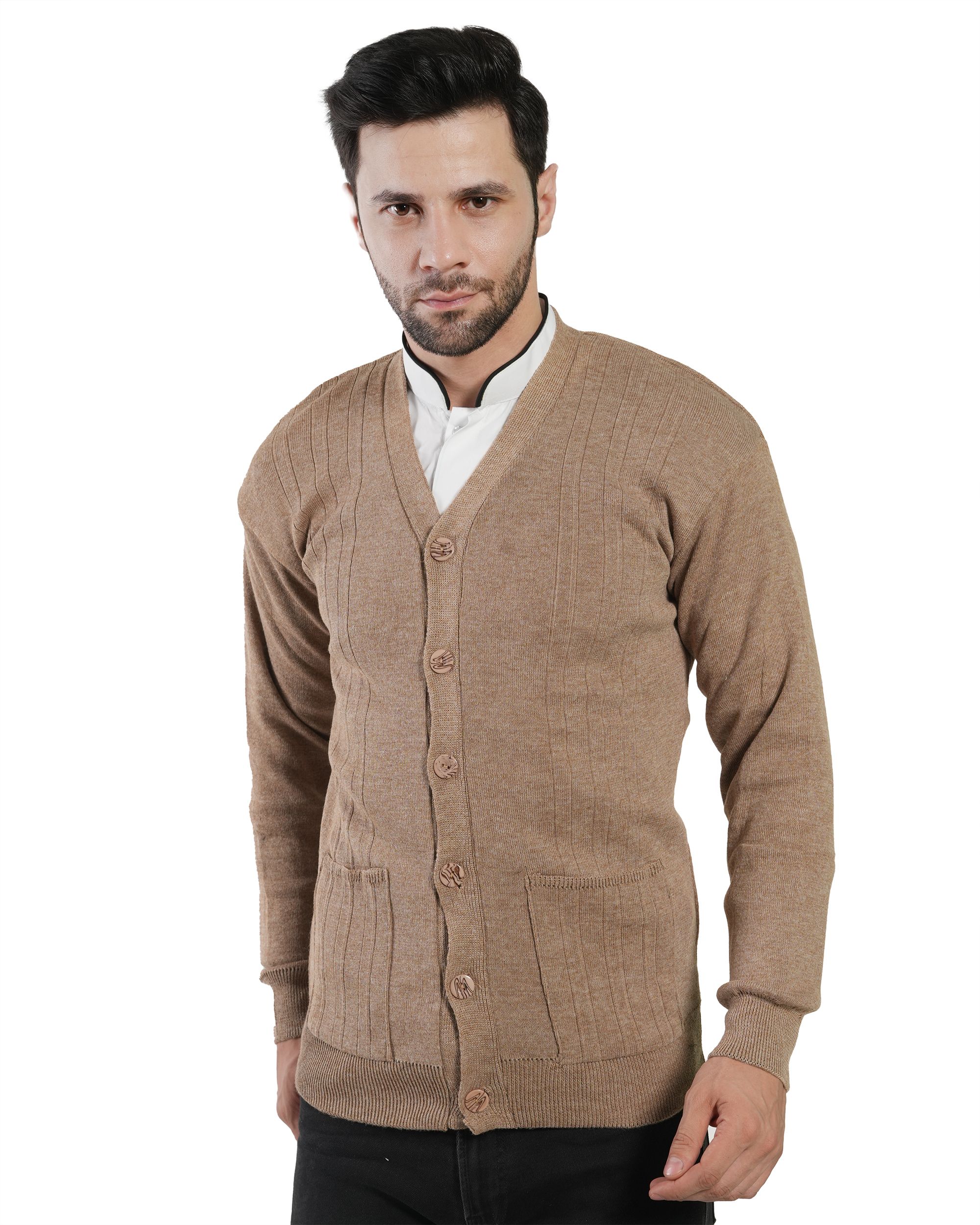 Men Solid V Neck Beige Sweater-image-43