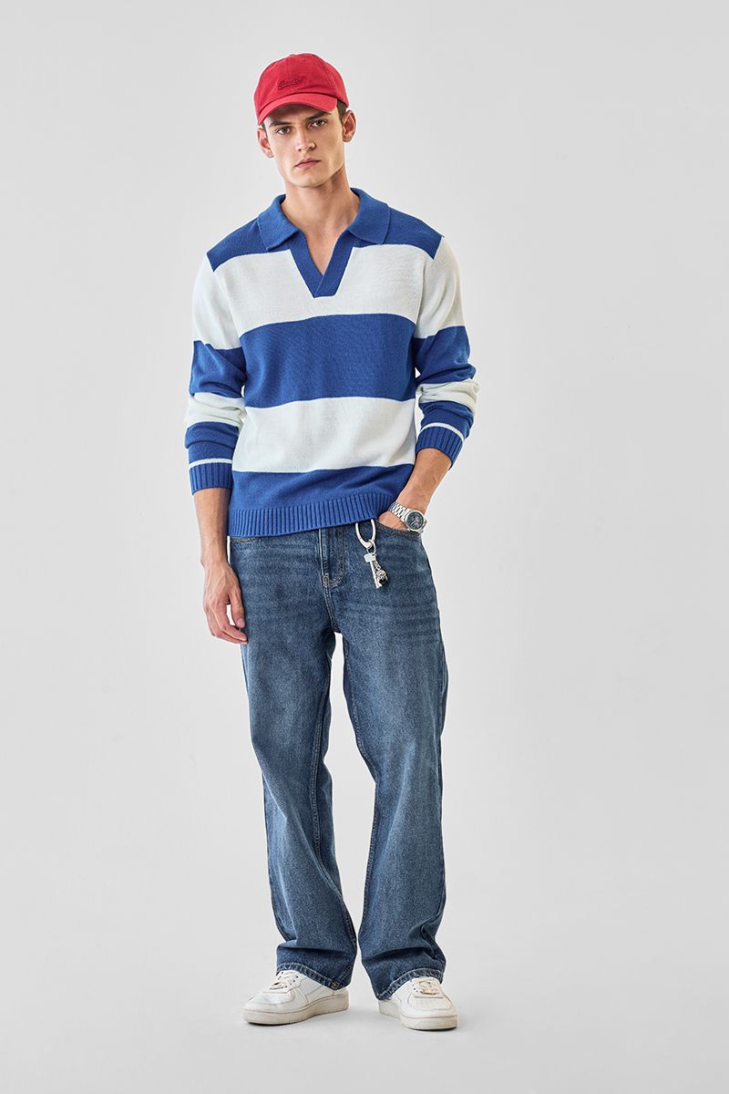 snitch Men Striped Collared Neck Blue Sweater-picture-47